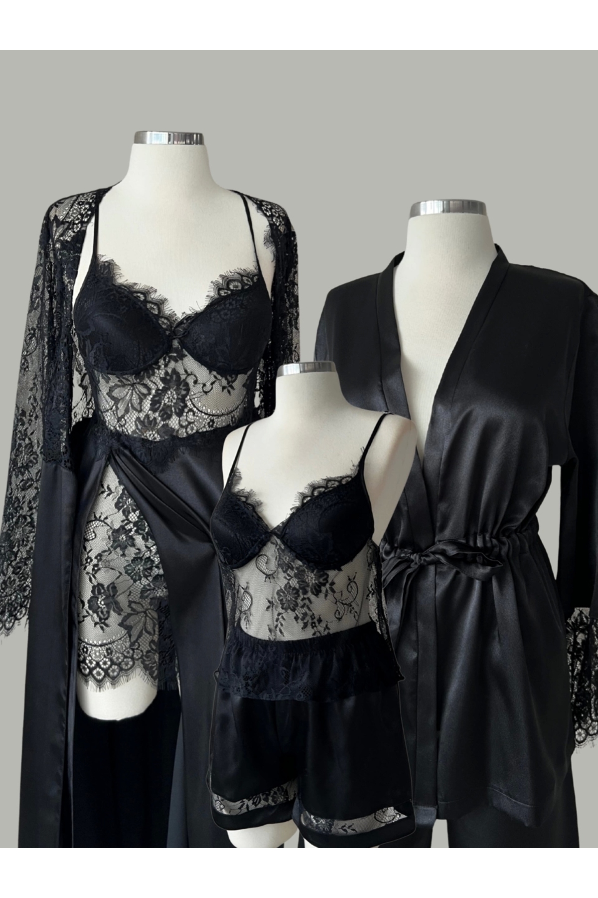 KARLİNAX Dantel Detaylı Özel Tasarım 6 Parça Saten Gecelik Seti