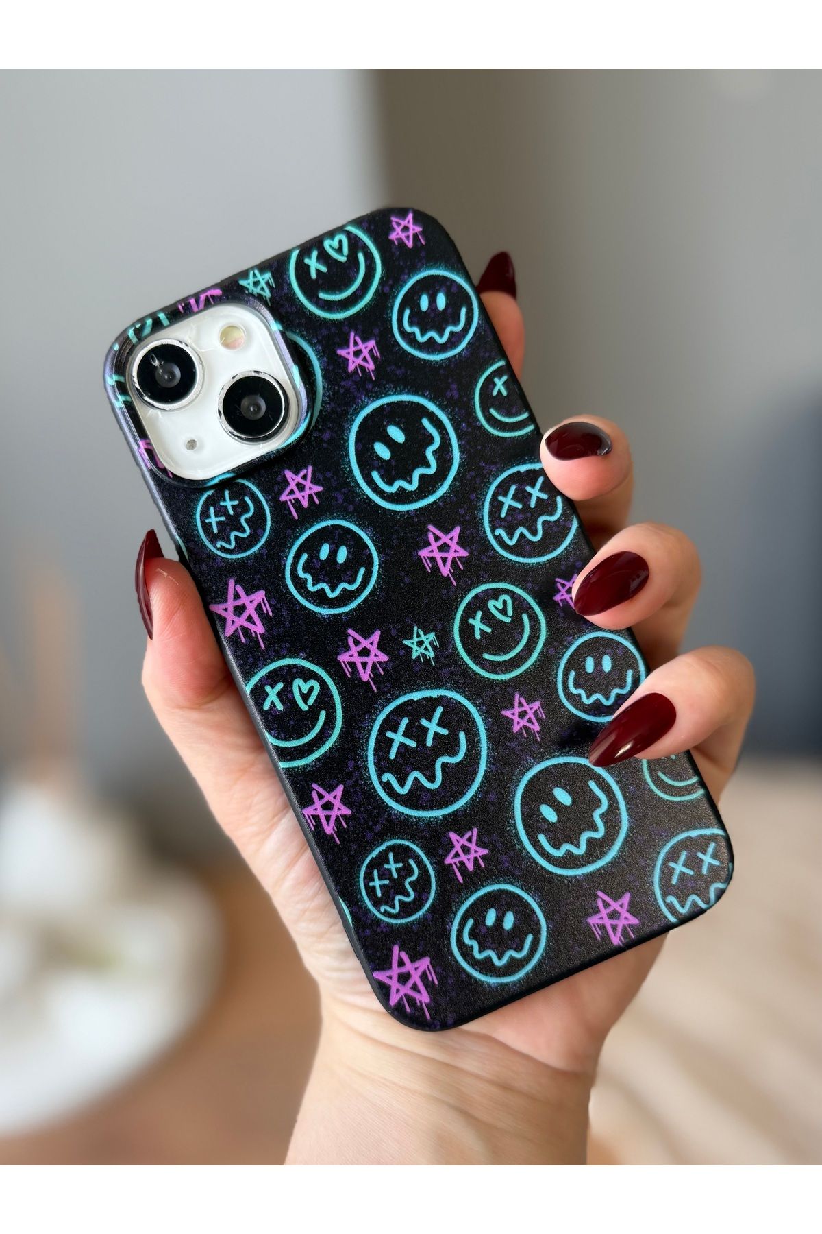 MirazTasarim IPHONE 15 SİYAH YILDIZ/SMİLE DESENLİ KILIF