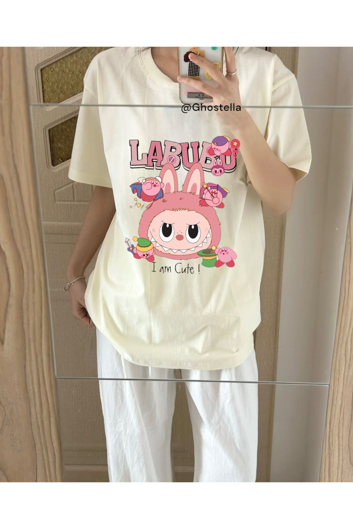 Minga London Bej Pink Cute Labubu Ön Baskılı Unisex Oversize Tshirt - Ghostella