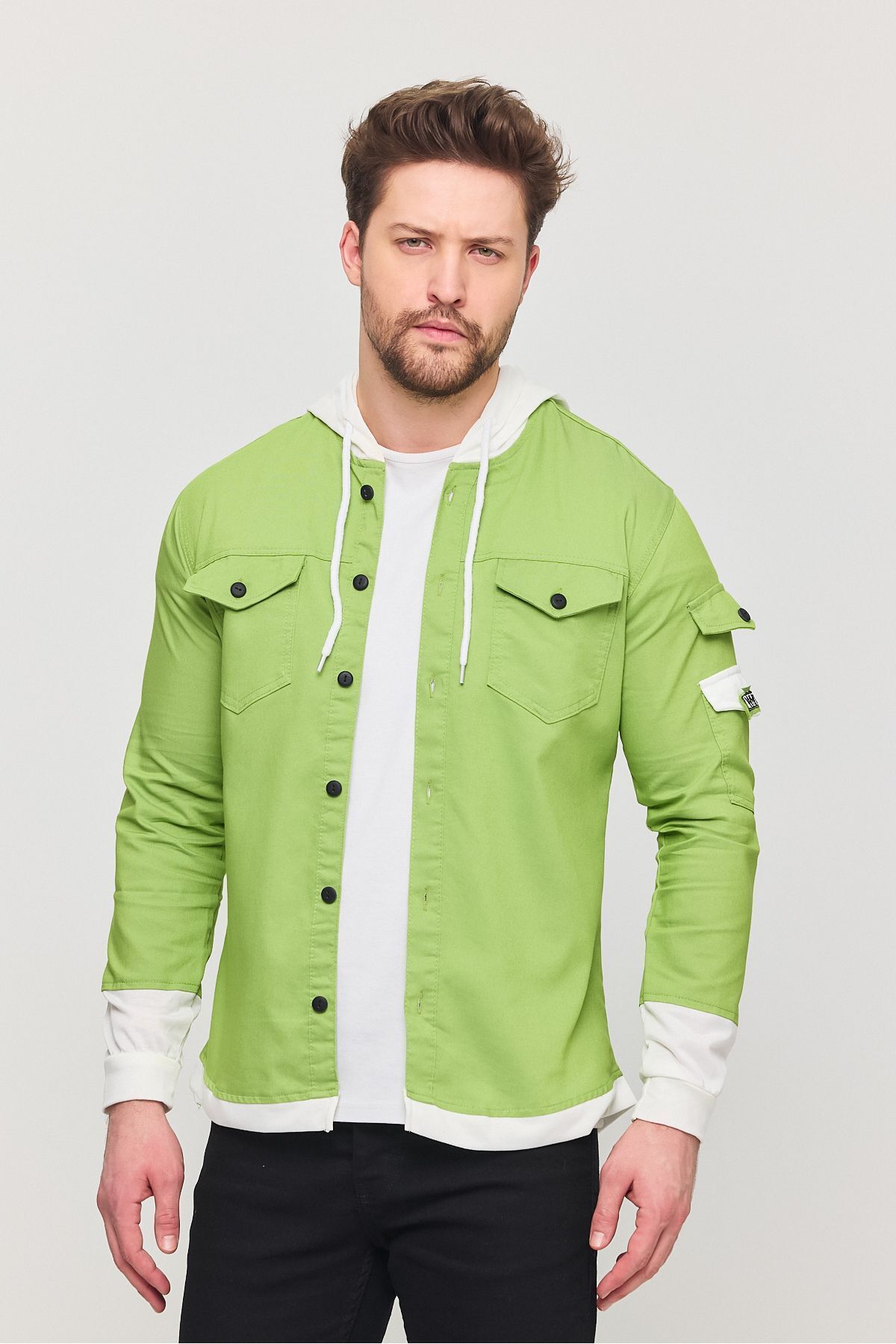 YXC Trend Maker Erkek Slim Fit Dar Kalıp Kapüşonlu Detaylı Kot Gömlek