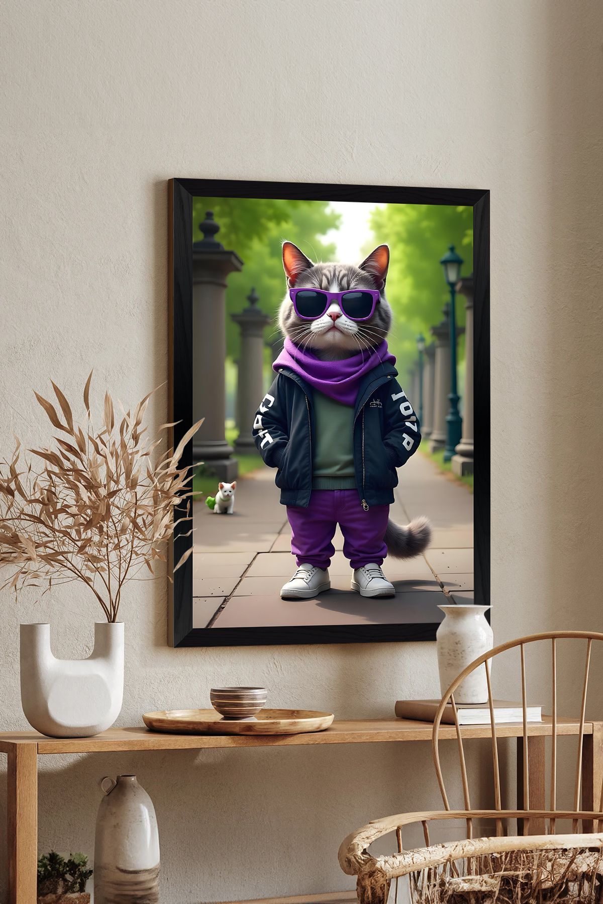 Artavessa Tek Parça Siyah Çerçeve Görünümlü Kedi Baskılı MDF 48x33 cm Tablo - Model 21