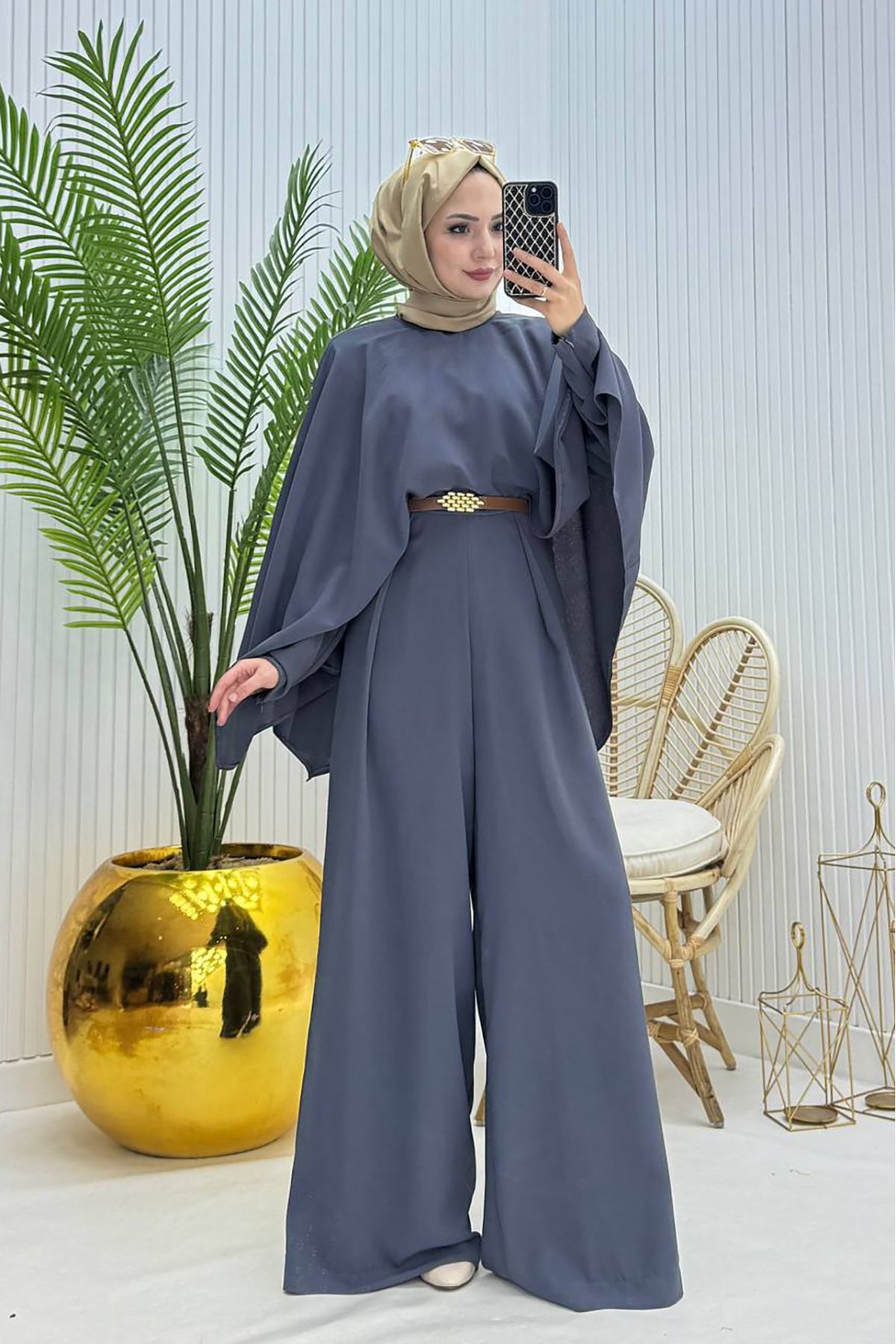 Neşeli Butik kadın pelerinli kemer detaylı tesettür tulum NMS061