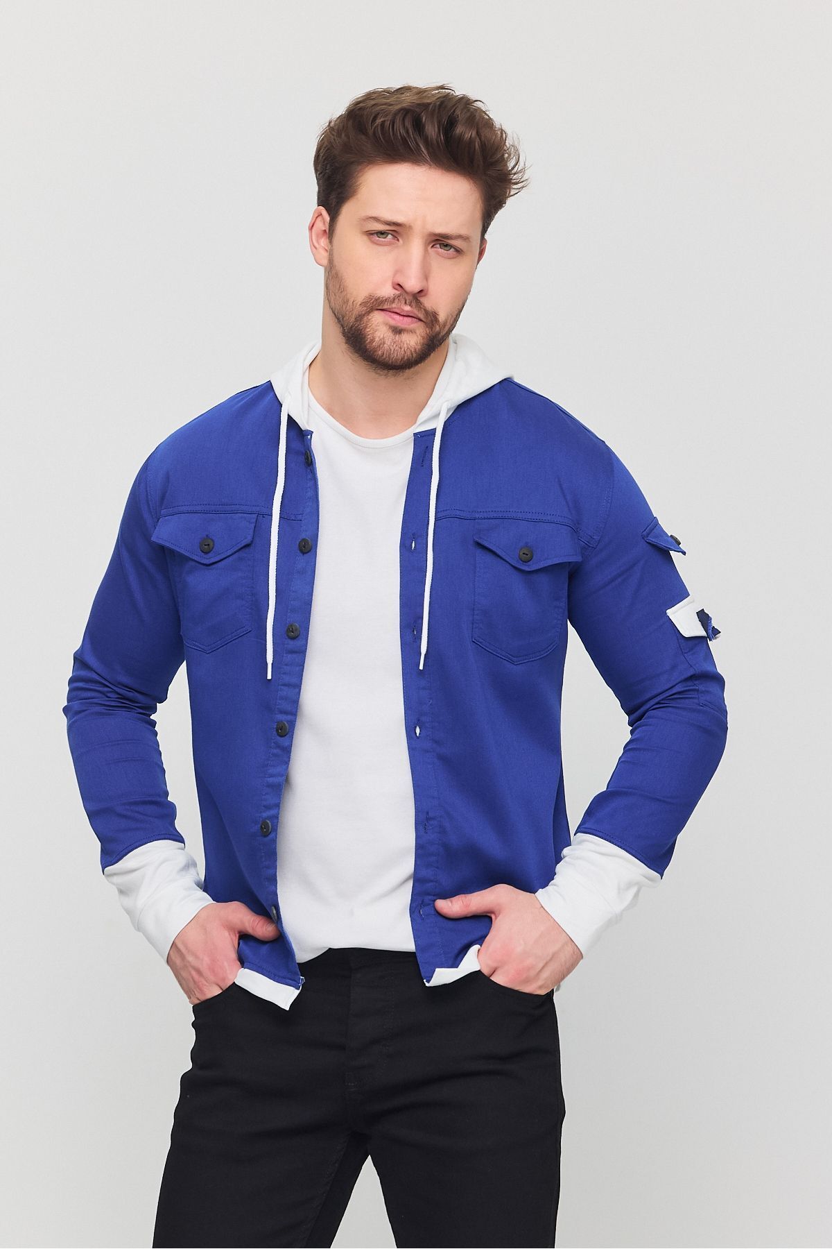 YXC Trend Maker Erkek Slim Fit Dar Kalıp Kapüşonlu Detaylı Kot Gömlek