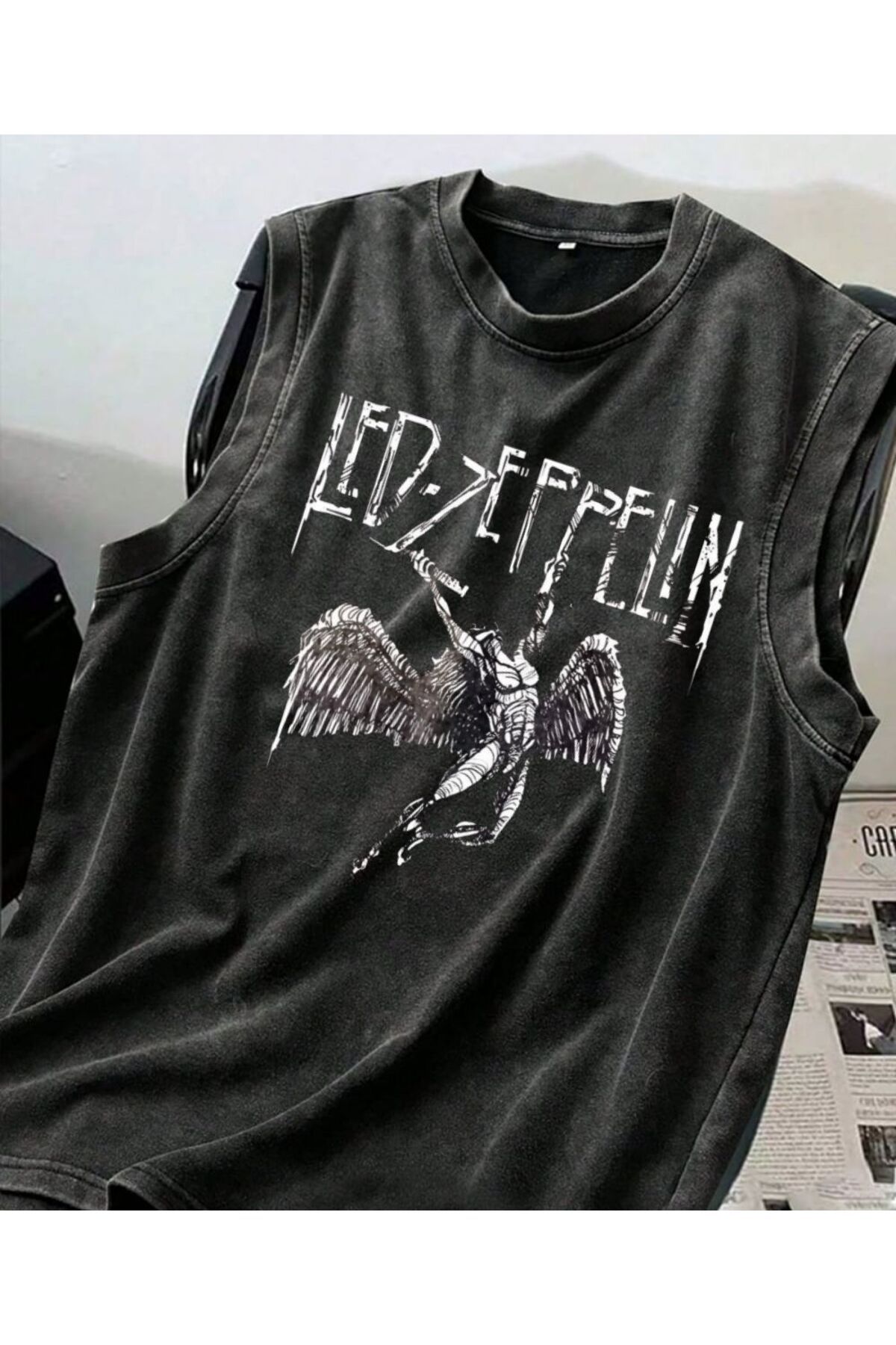 Touz Moda Led Zeppelin Atlet Bisiklet Yaka Yıkamalı Vintage Unisex Oversize T-Shirt