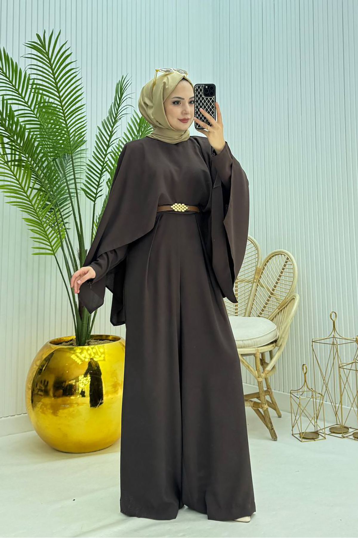Neşeli Butik kadın pelerinli kemer detaylı tesettür tulum NMS061