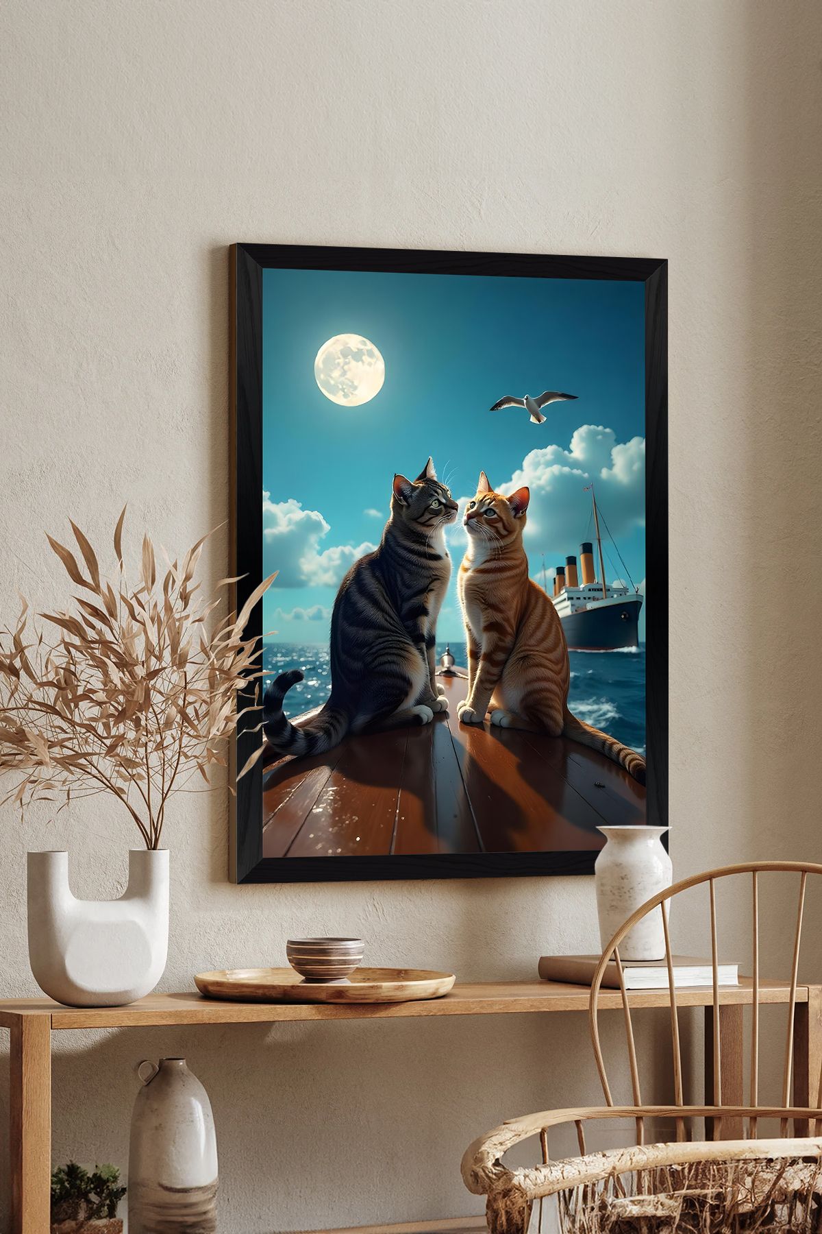 Artavessa Tek Parça Siyah Çerçeve Görünümlü Kedi Baskılı MDF 48x33 cm Tablo - Model 1