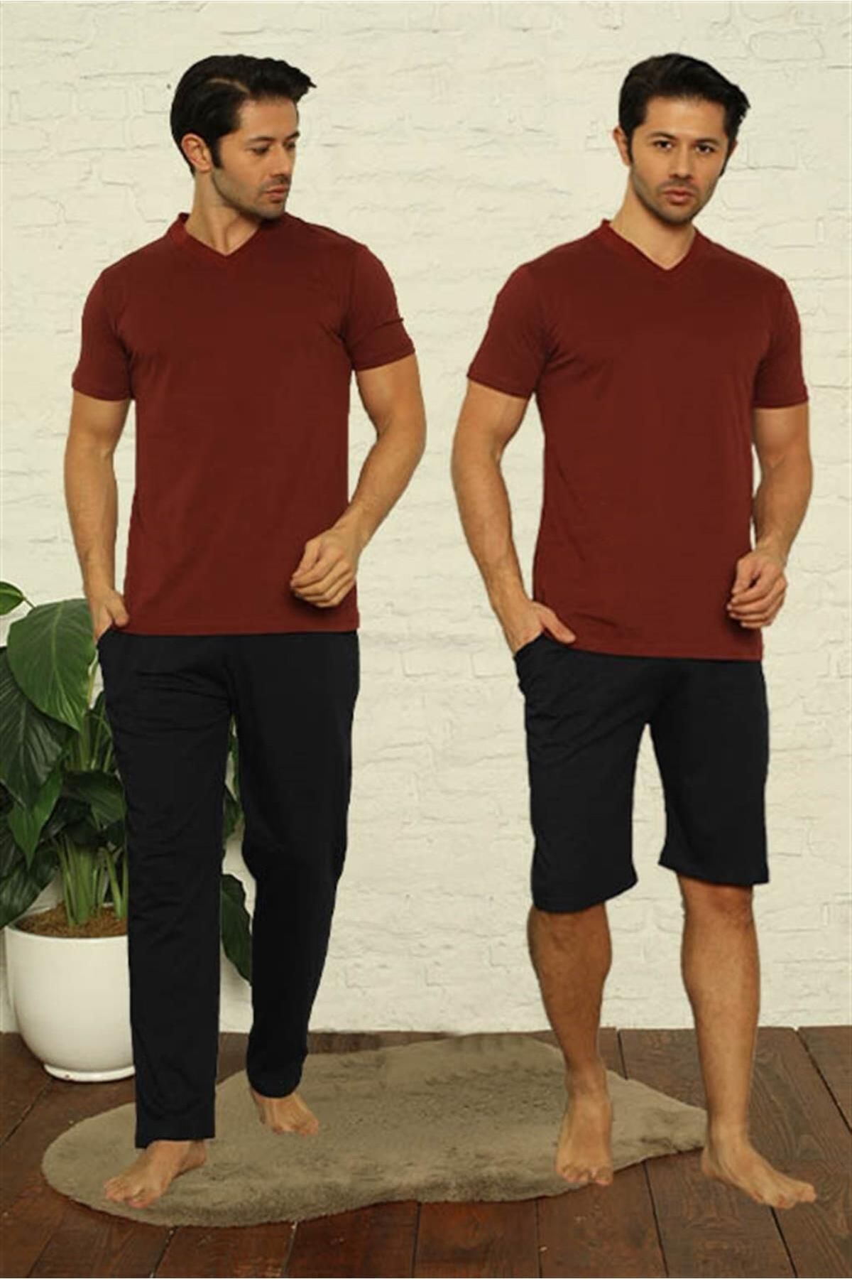 Celira Erkek Bordo V Yaka 3'lü Pijama Takım 6822