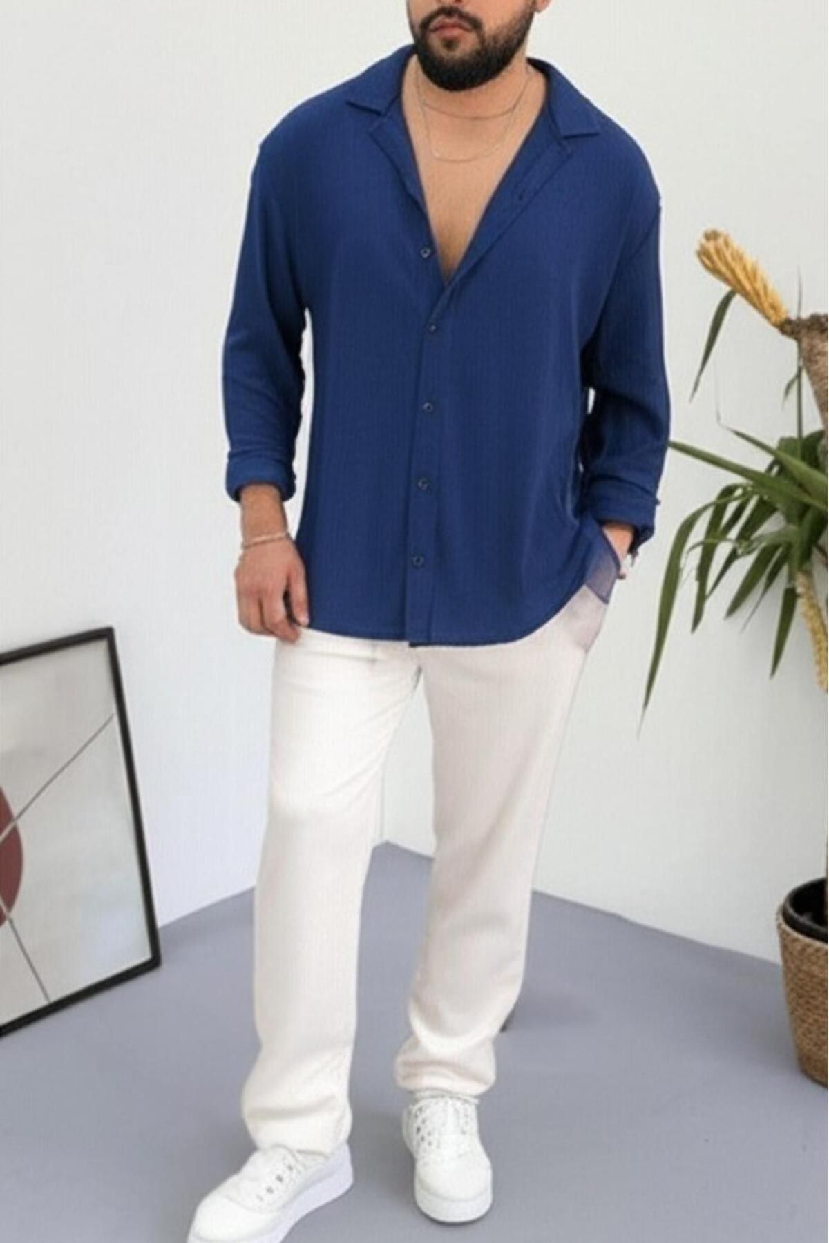 NO 601 Erkek Lacivert Bürümcük Gömlek Beyaz Pantalon Takım