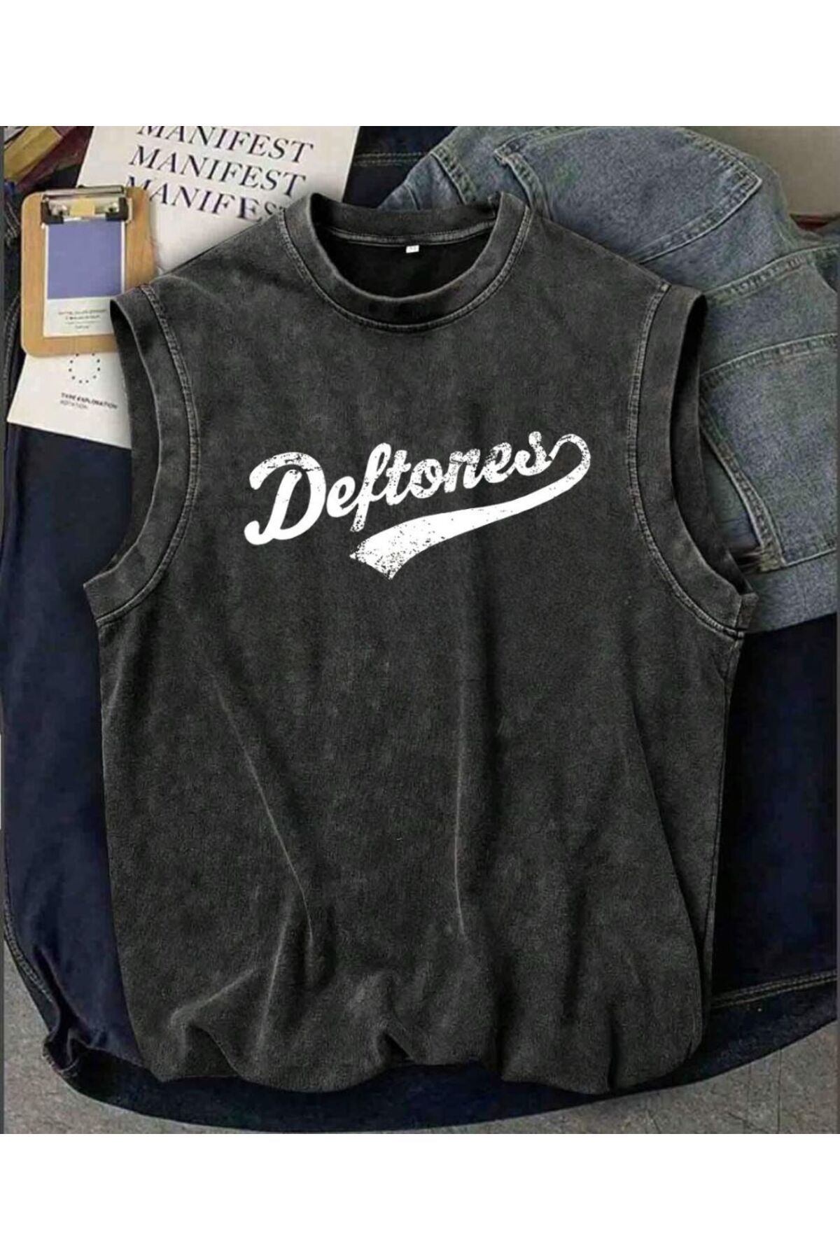 Touz Moda Deftones Kolsuz Atlet Bisiklet Yaka Yıkamalı Vintage Unisex Oversize T-Shirt