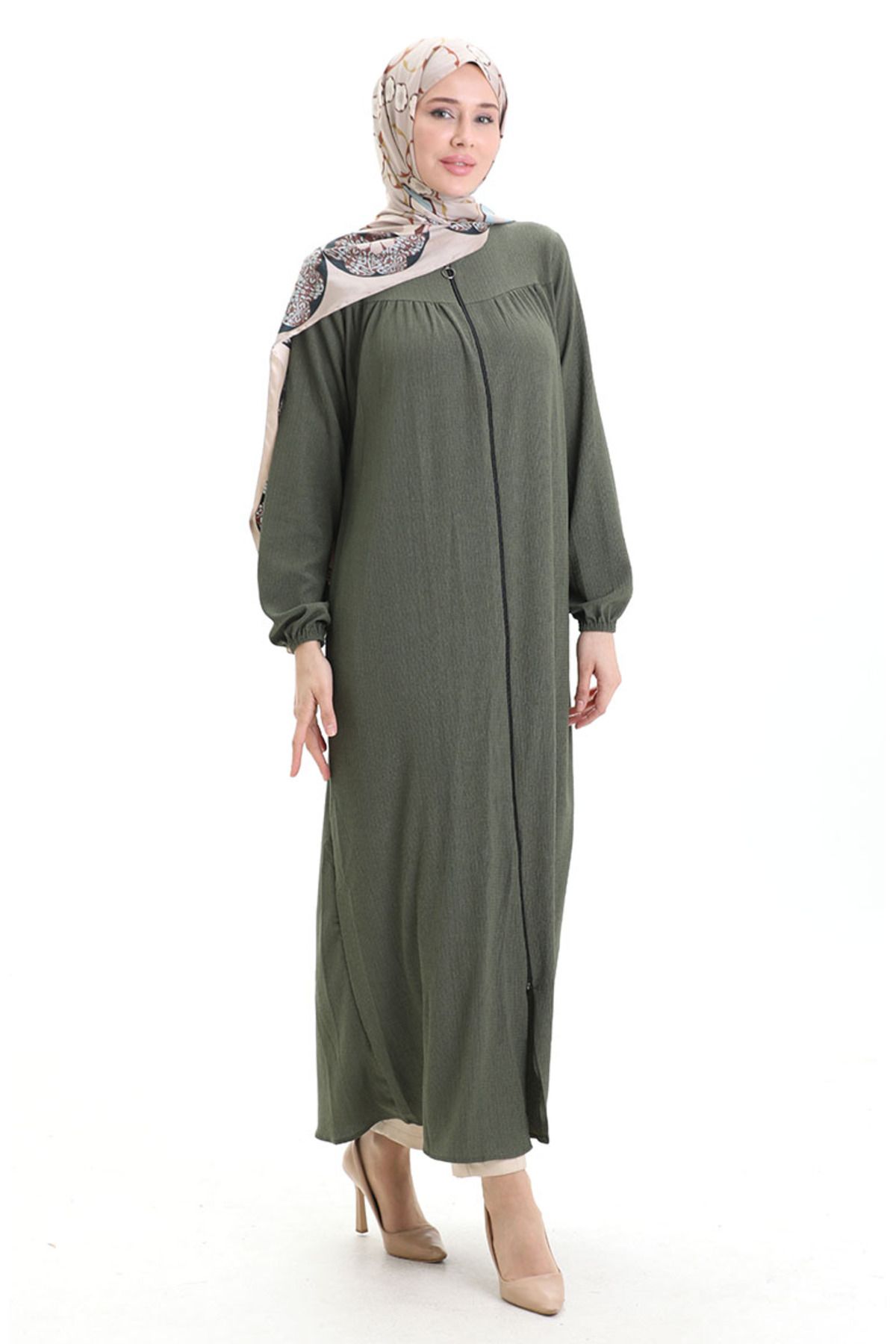 sefamerve-Zippered Ferace with Elastic Handle 5055-06 Khaki 3
