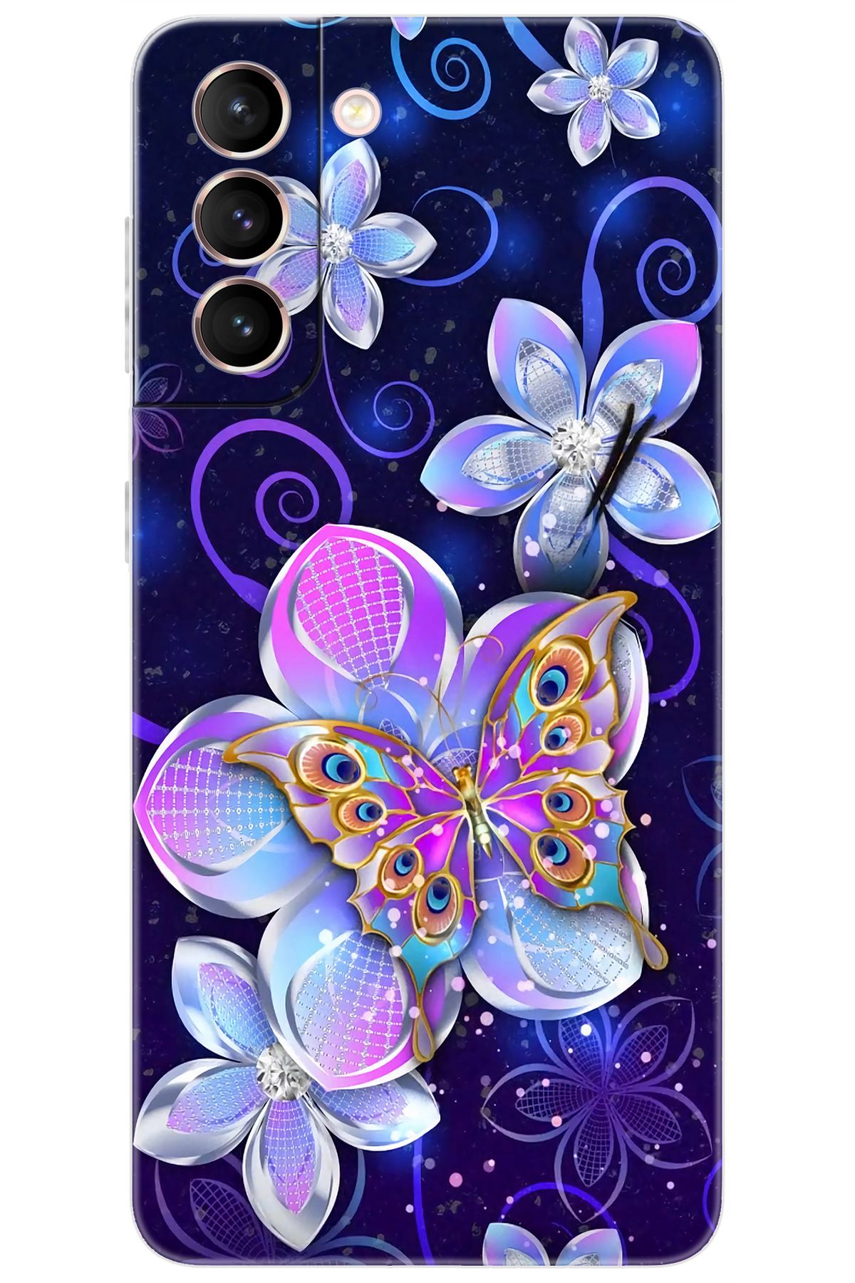 Ceppare Samsung Galaxy S21 (SM-G991B) Uyumlu Kılıf Desenli Silikon Kelebek ve Çiçekler STK:718 CP-JS4a0kk