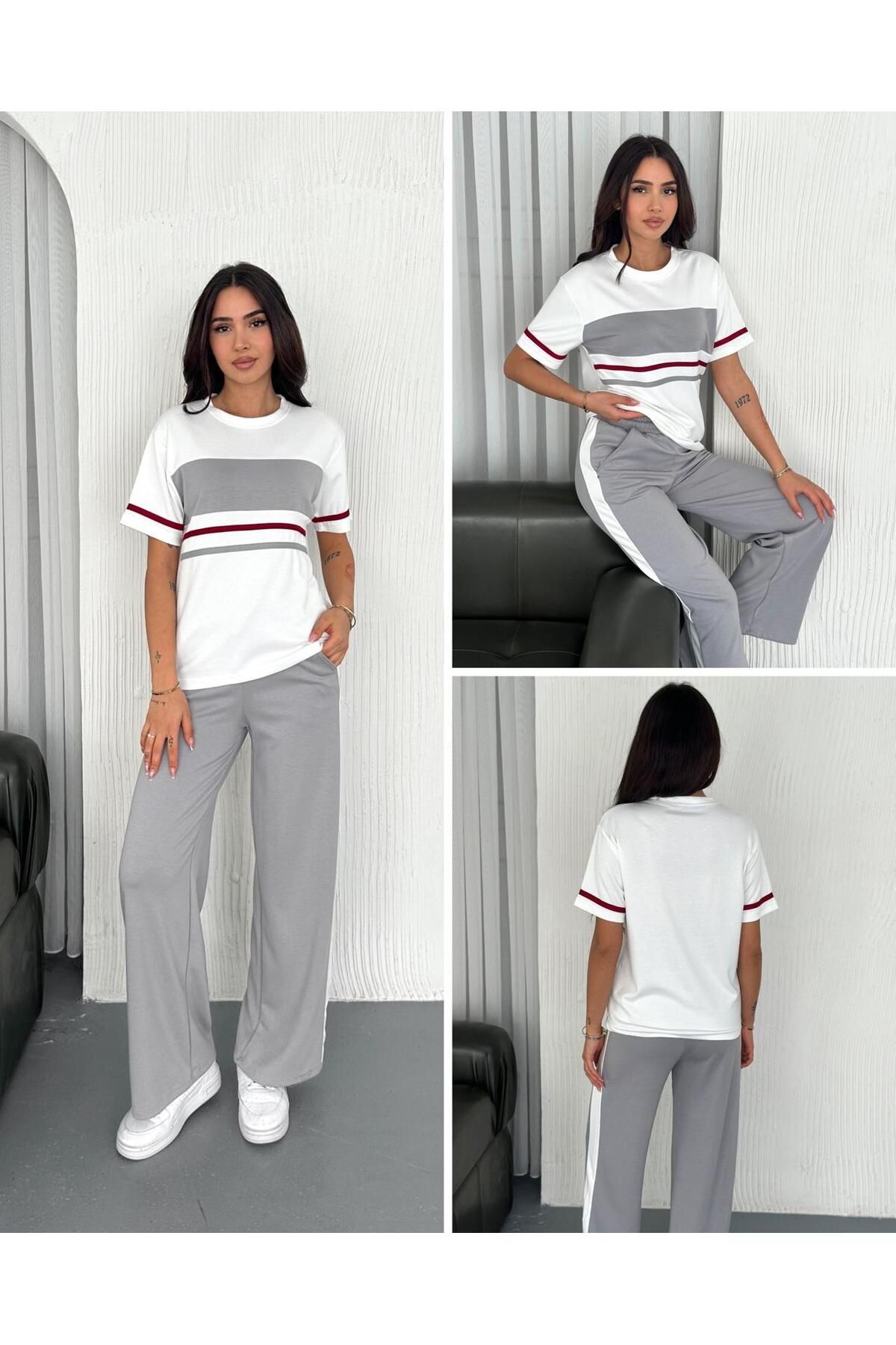 Güler Casual Şeritli İkili Eşofman Takımı Gri Renk