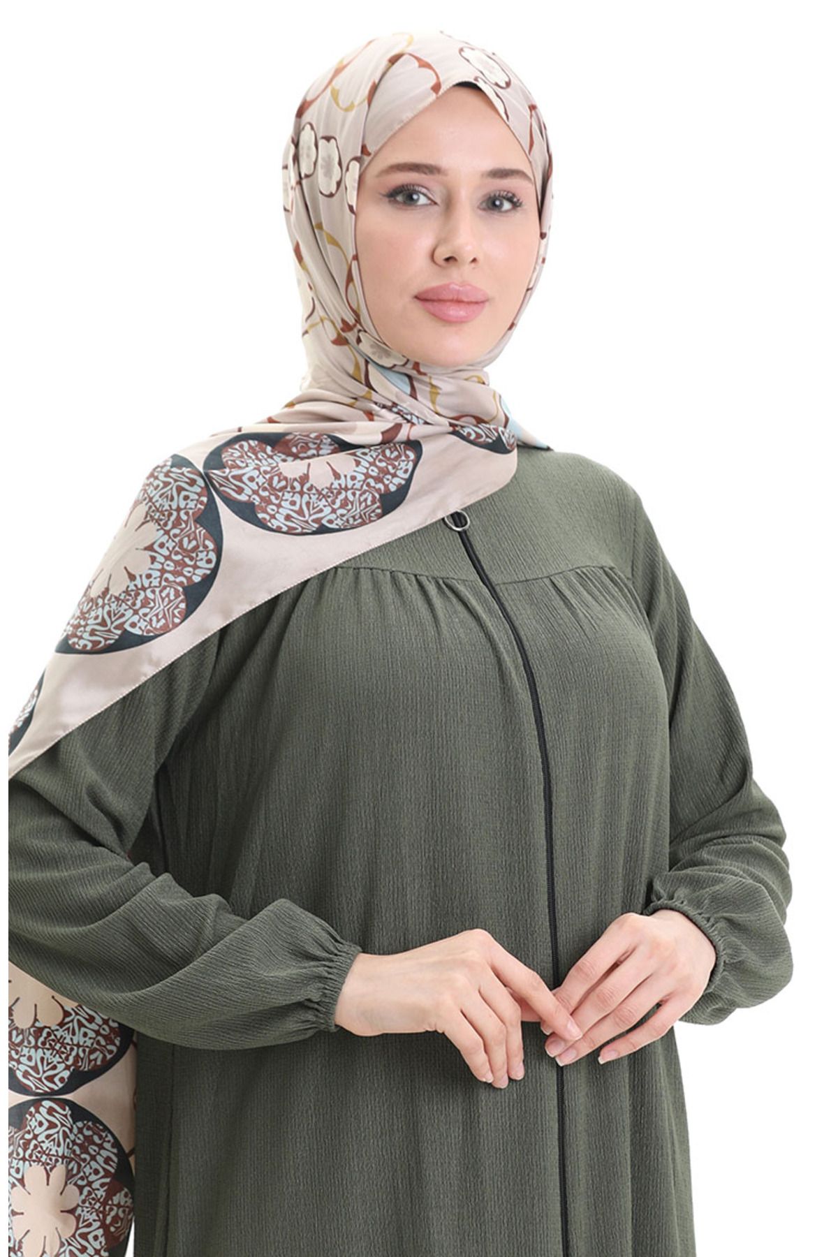 sefamerve-Zippered Ferace with Elastic Handle 5055-06 Khaki 4
