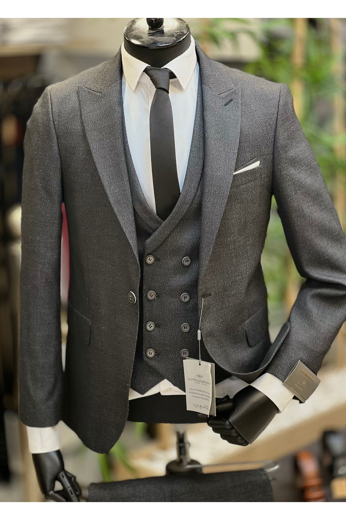 SAVARA Erkek füme desenli slimfit yelekli takım elbise