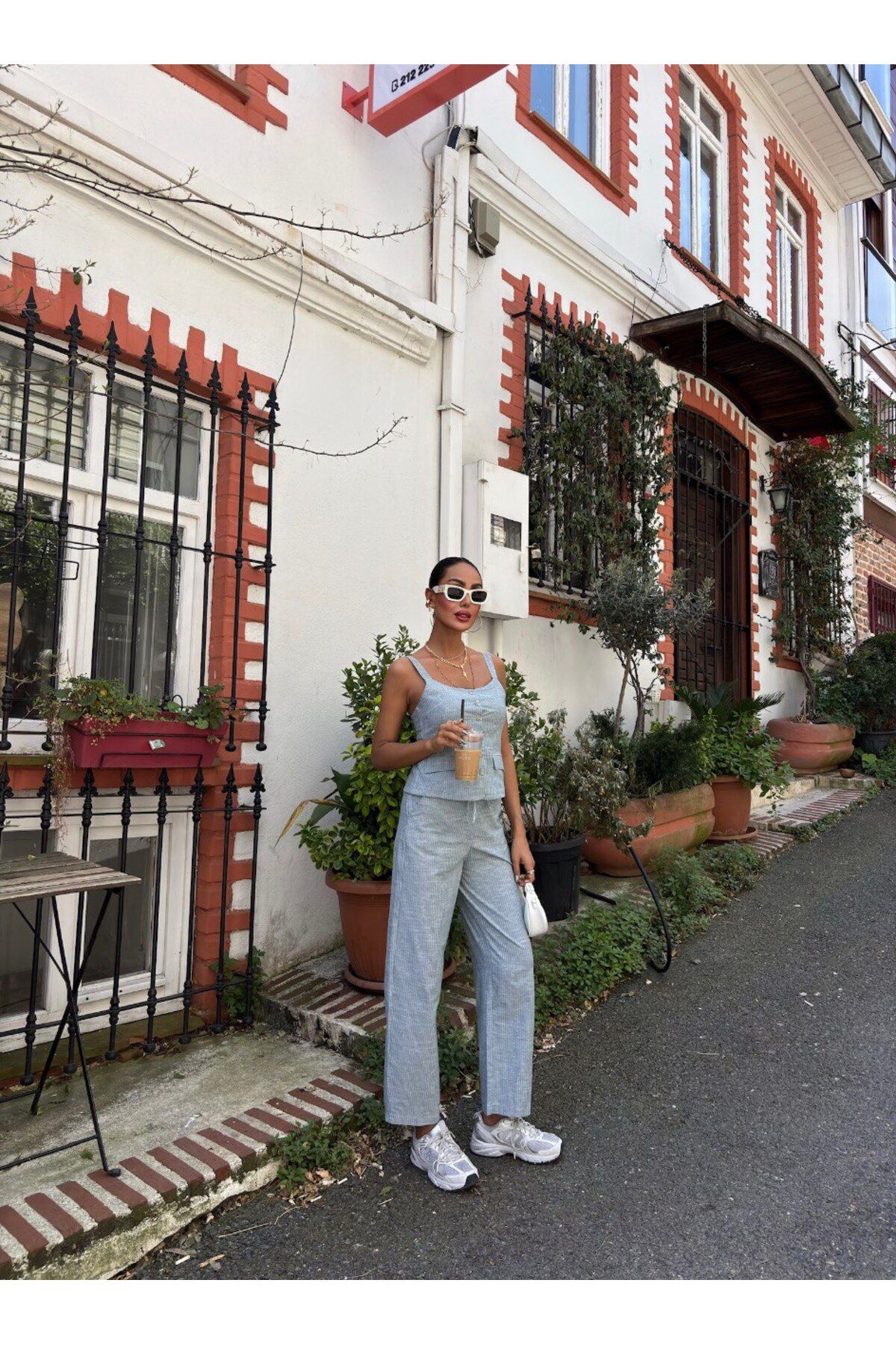 MAUN COLLECTION Kalın Askılı Bluz Pantolon Keten Takım