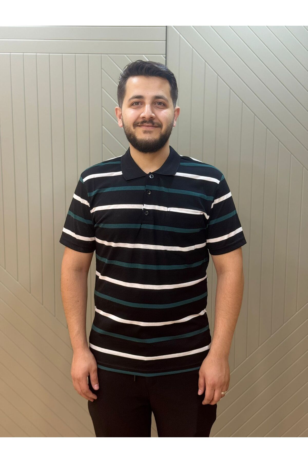 giyimcikrt POLLBRAND BOYALI ÇİZGİLİ BABA YAKALI CEPLİ TSHİRT