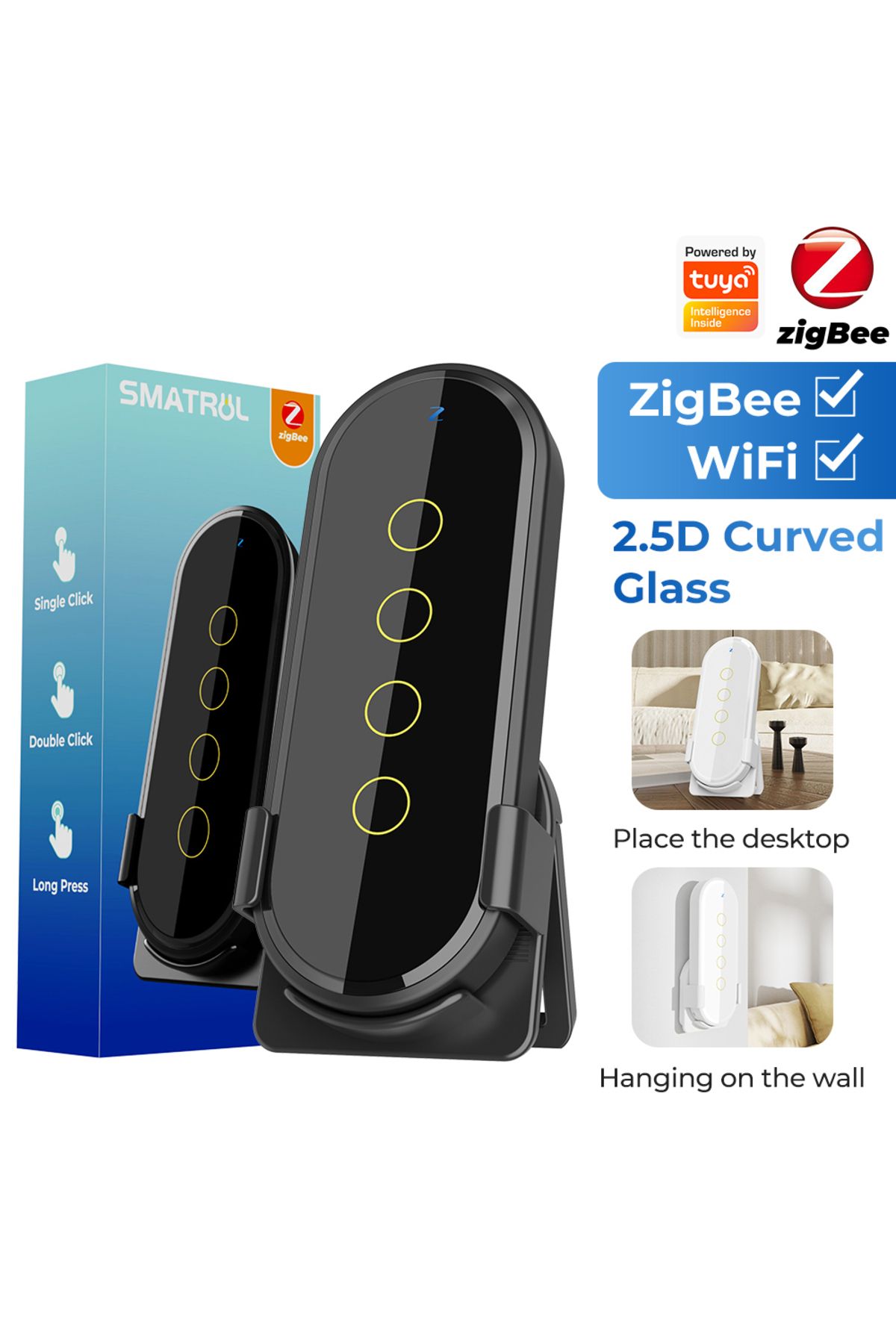 SMATRUL-Black Tuya Zigbee Wireless Smart Home Scene Switch Light 4 Gang 12 Scene Touch Light Switch 1