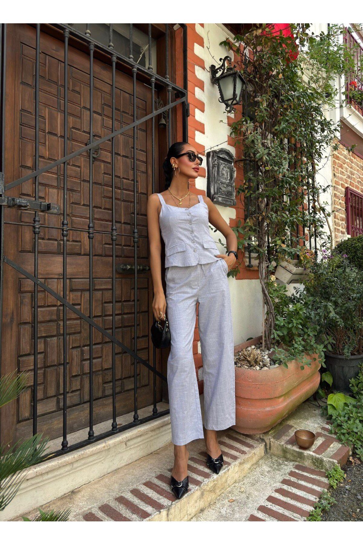 MAUN COLLECTION Kalın Askılı Bluz Pantolon Keten Takım