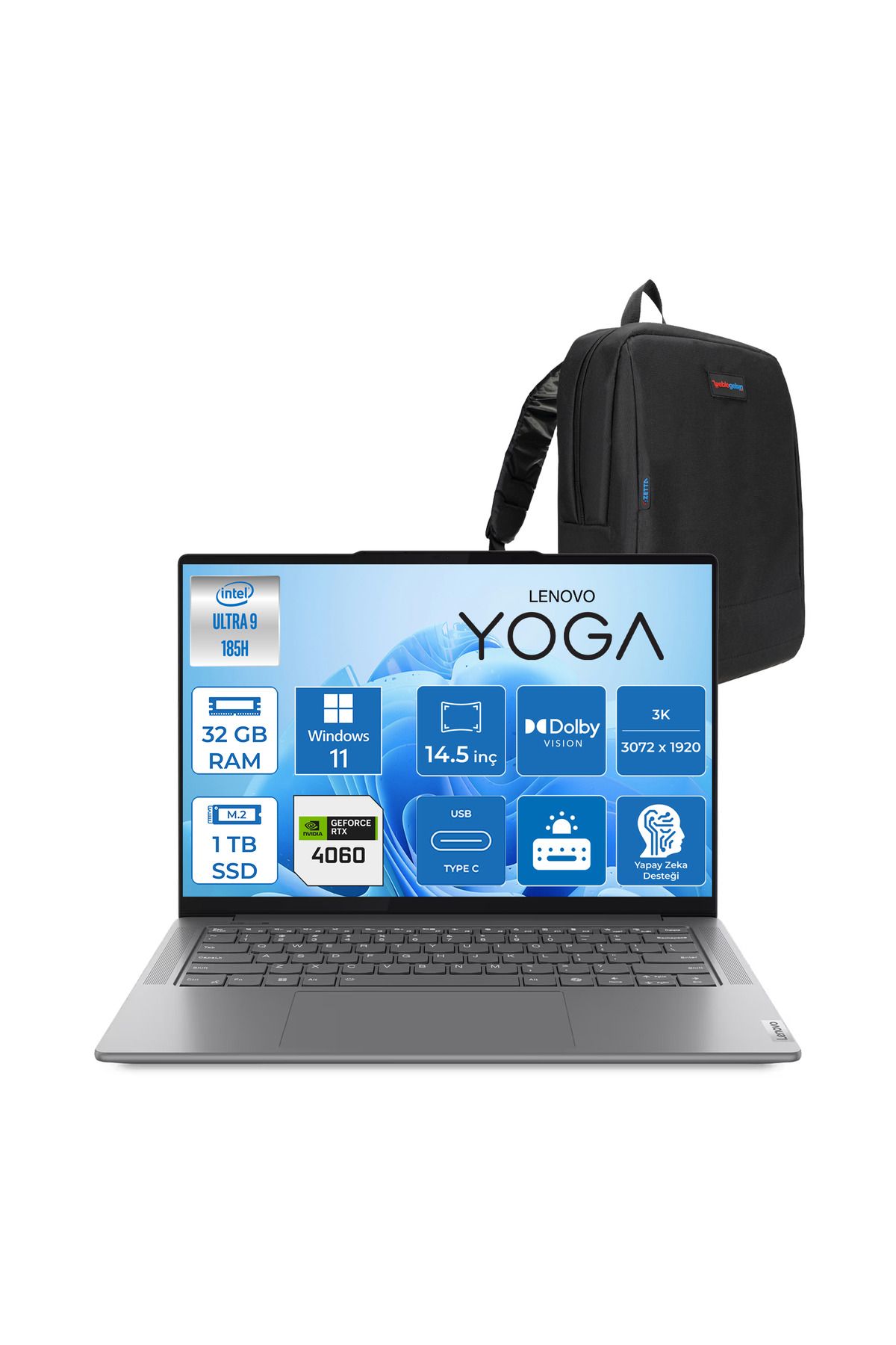 LENOVO Yoga Pro 7i U9 185H 32GB 1tb SSD 8GB/RTX4060 14.5" 3K 120 Hz Dokunmatik W11P Y83E200CTTR09+ZETTACNT