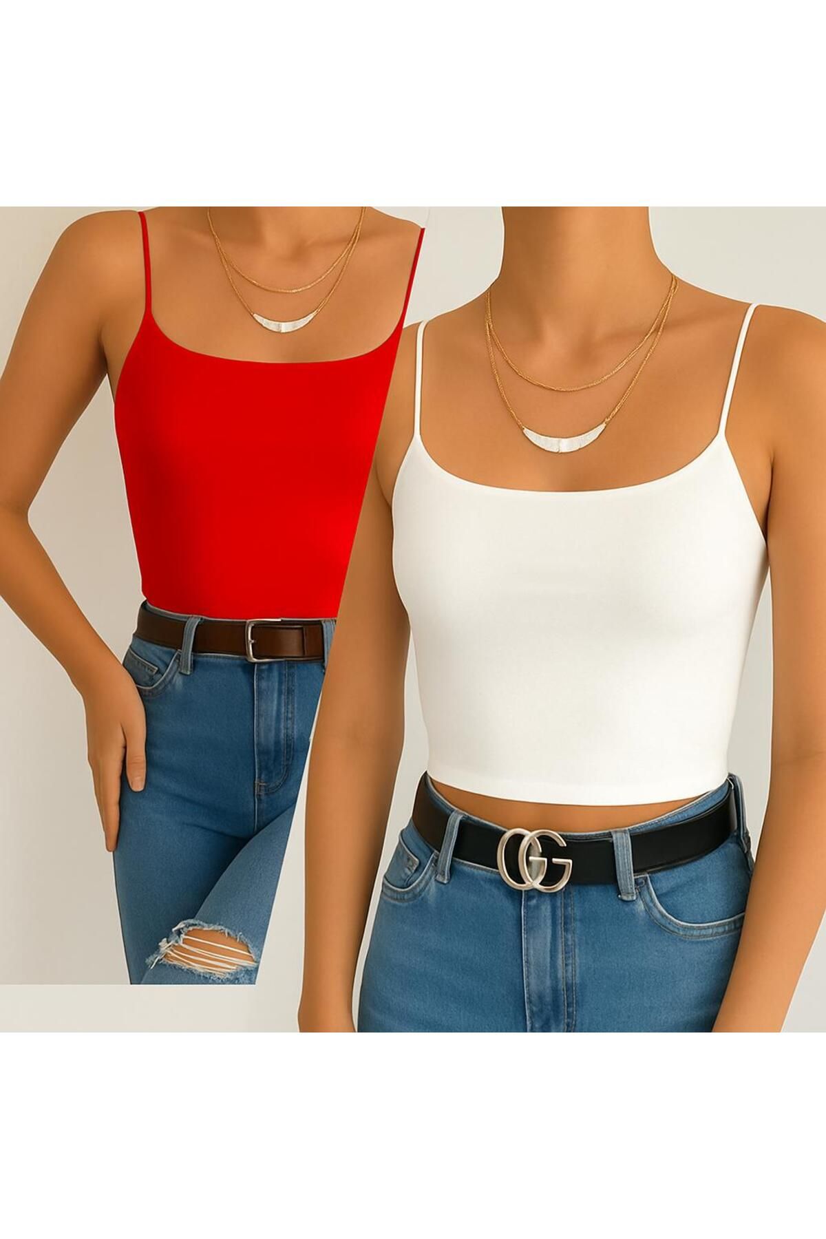 ŞİNDO GİYİM İp Askılı Astarlı Crop Büstiyer Bluz Kırmızı ve Beyaz İkili Set