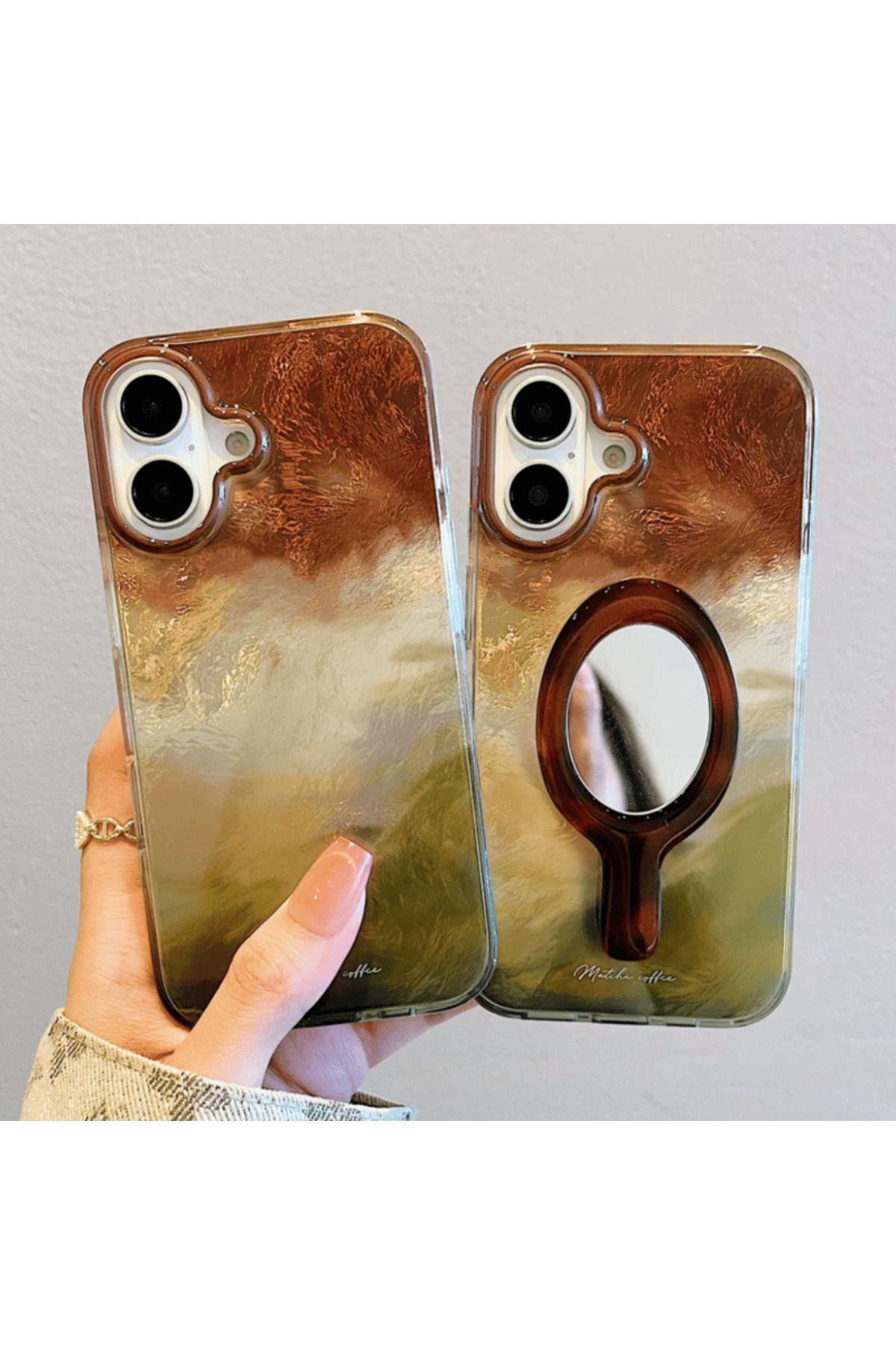 Disi (Iphone 13 Pro Max) Bronz-Kahve Işıltılı 3D Parlak Yüzeyli, Ayna Aparatlı Telefon Kılıfı