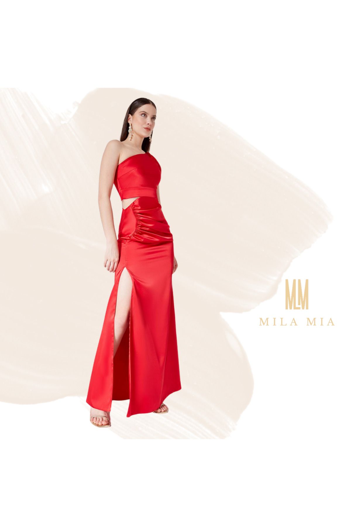 Butik MilaMia Turkey Tek Omuz Yırtmaç Detaylı Saten Abiye