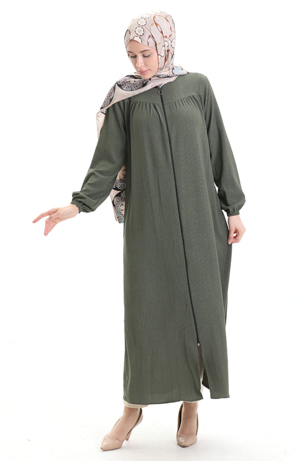 sefamerve-Zippered Ferace with Elastic Handle 5055-06 Khaki 2