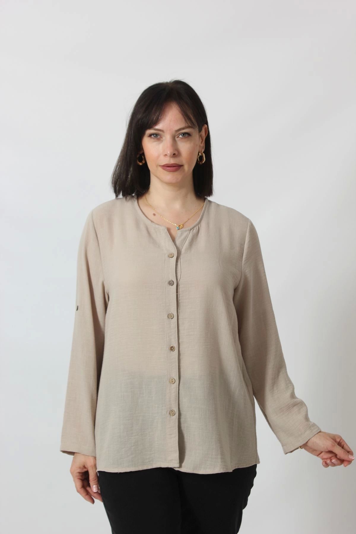 Moda Berray TB-069 KETEN KOLU APOLETLİ SIFIR YAKA BÜYÜK BEDEN TAŞ RENGİ GÖMLEK