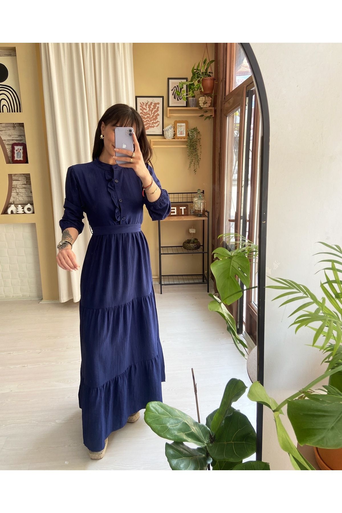 Sinemsi Butik BELİ KUŞAKLI FIRFIR DETAYLI UZUN ELBİSE