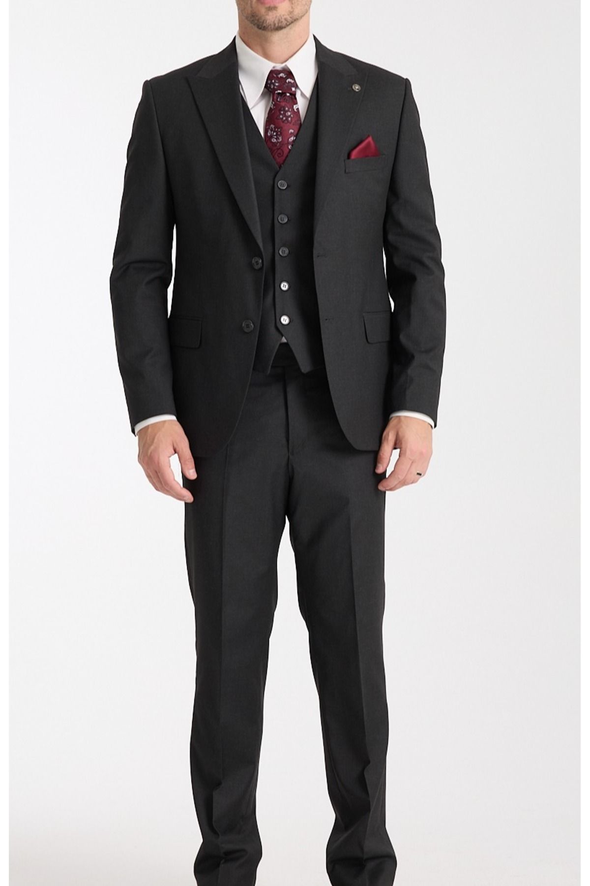 Ted Davıd Siyah Dokulu Slim Fit Yelekli Takım Elbise