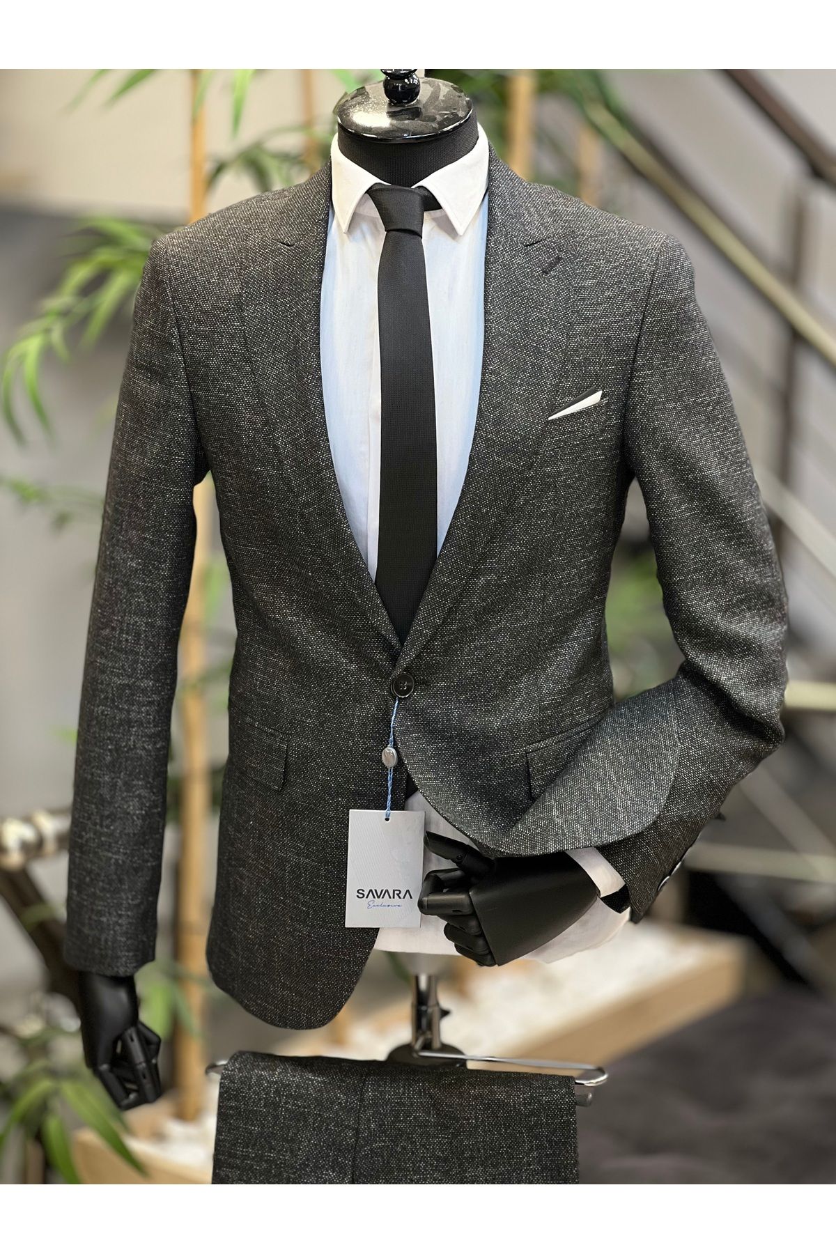 SAVARA Erkek siyah kırçıllı slimfit takım elbise viskon dokuma