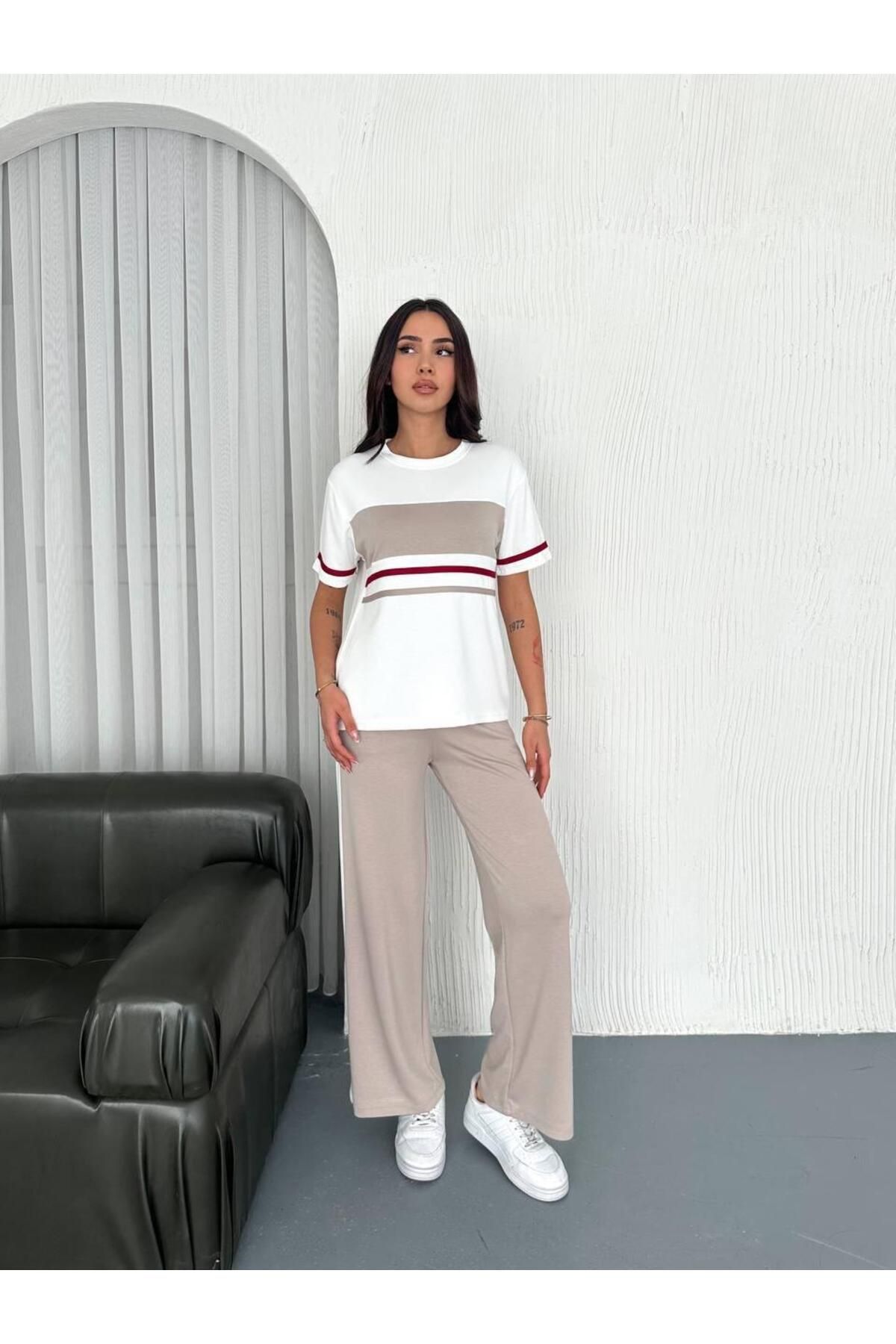 Güler Casual Şeritli İkili Eşofman Takımı Krem Renk