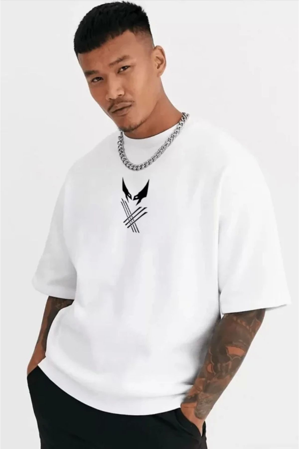 Silerra Unisex Bisiklet Yaka Baskılı Oversize T-Shirt - Beyaz