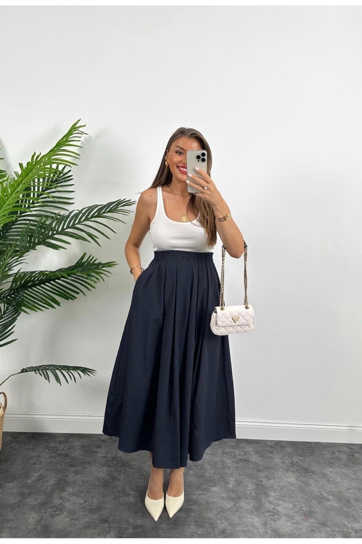 Afiş Butik Lacivert Poplin Bel Lastikli Kloş Poplin Midi Etek