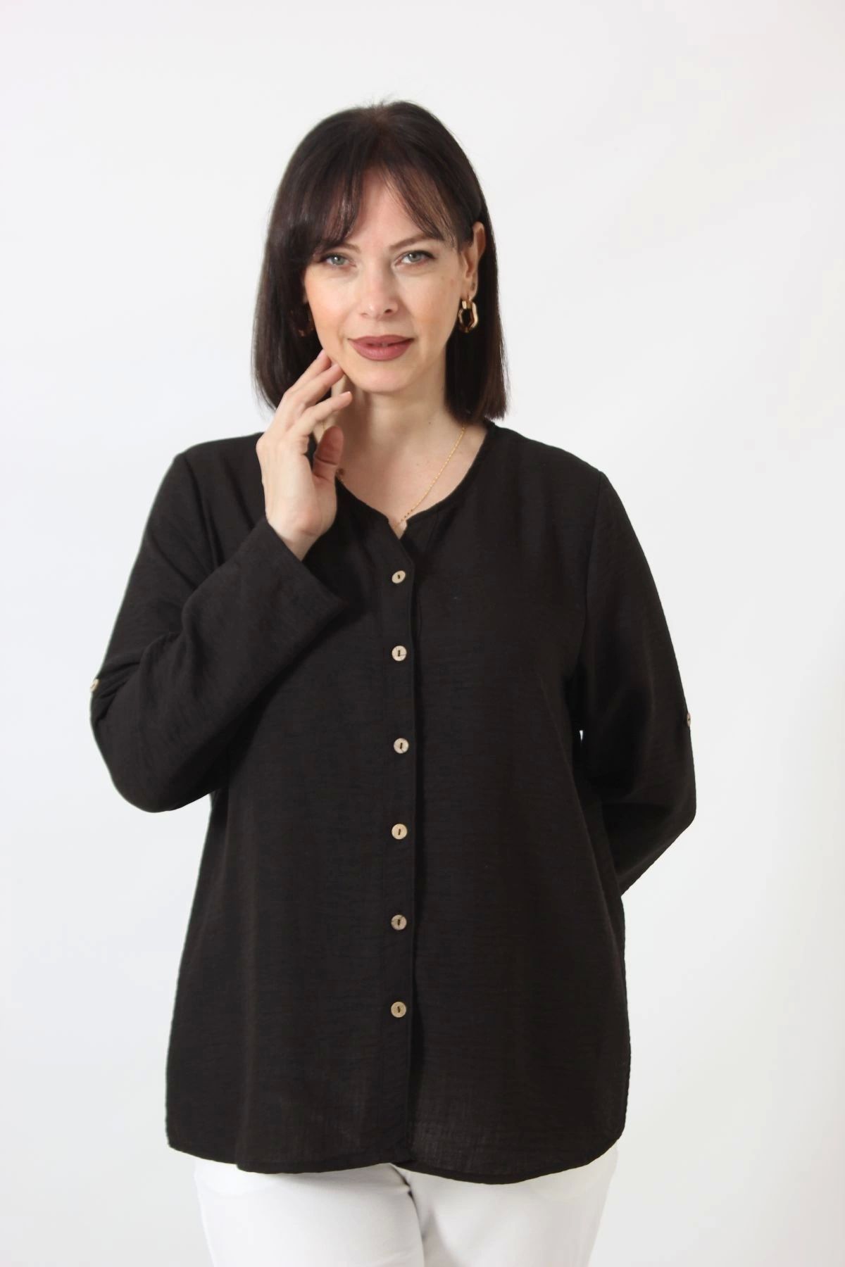 Moda Berray SB-0169 KETEN KOLU APOLETLİ SIFIR YAKA BÜYÜK BEDEN SİYAH GÖMLEK