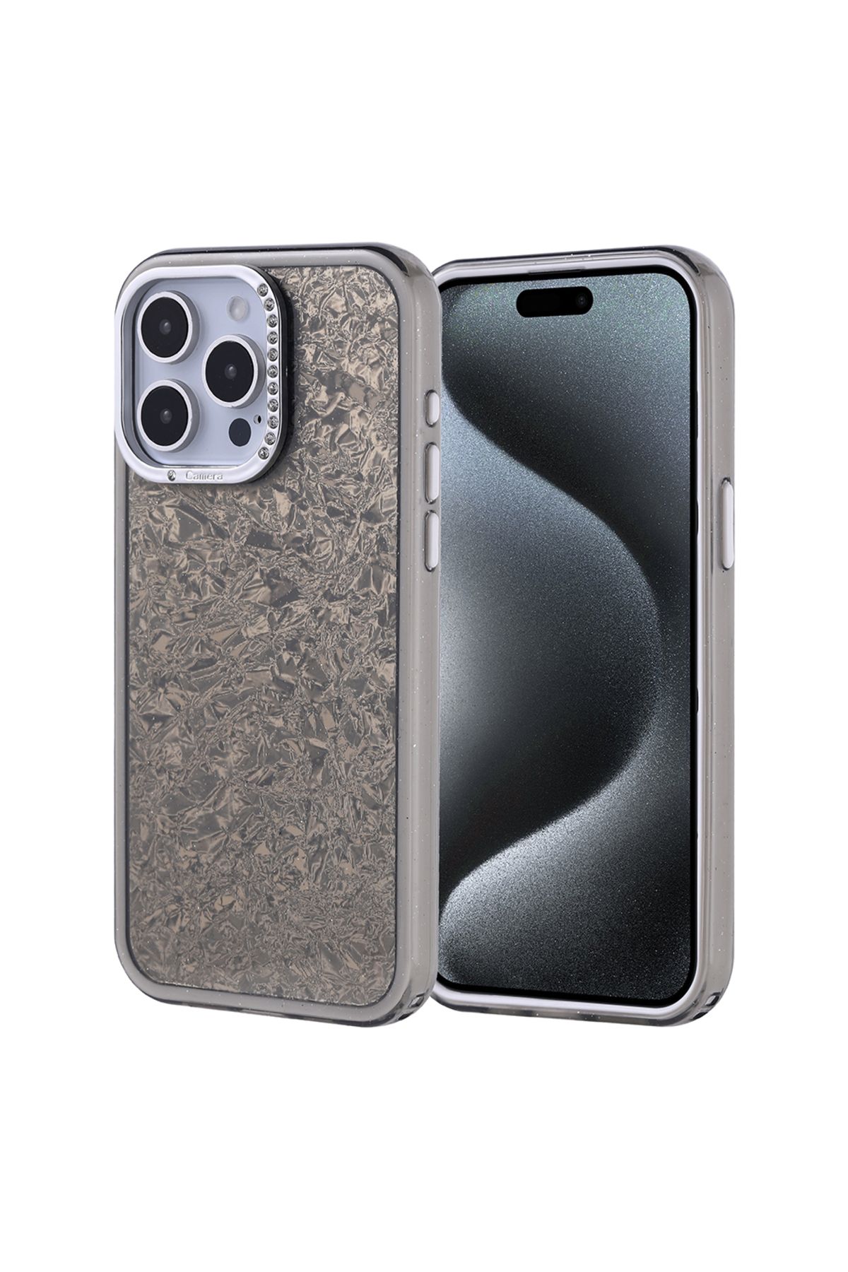 zore İphone 15 Pro Max Kılıf Parlak Taşlı Tasarımlı Dikkat Çekici Şık Lüks Silikon Sert Kapi Kapak