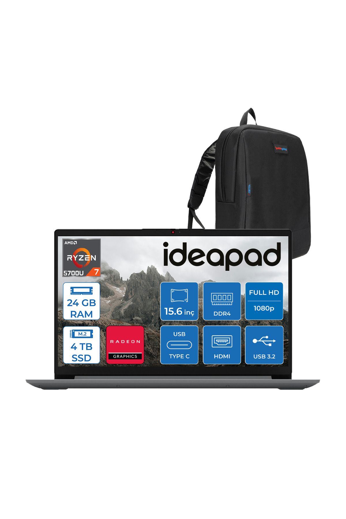 LENOVO Ideapad 1 15ALC7 Amd Ryzen 7 5700U 24GB 4tb SSD Freedos 15.6" Fullhd Gri 82R400R4TRF20+ZETTACNT