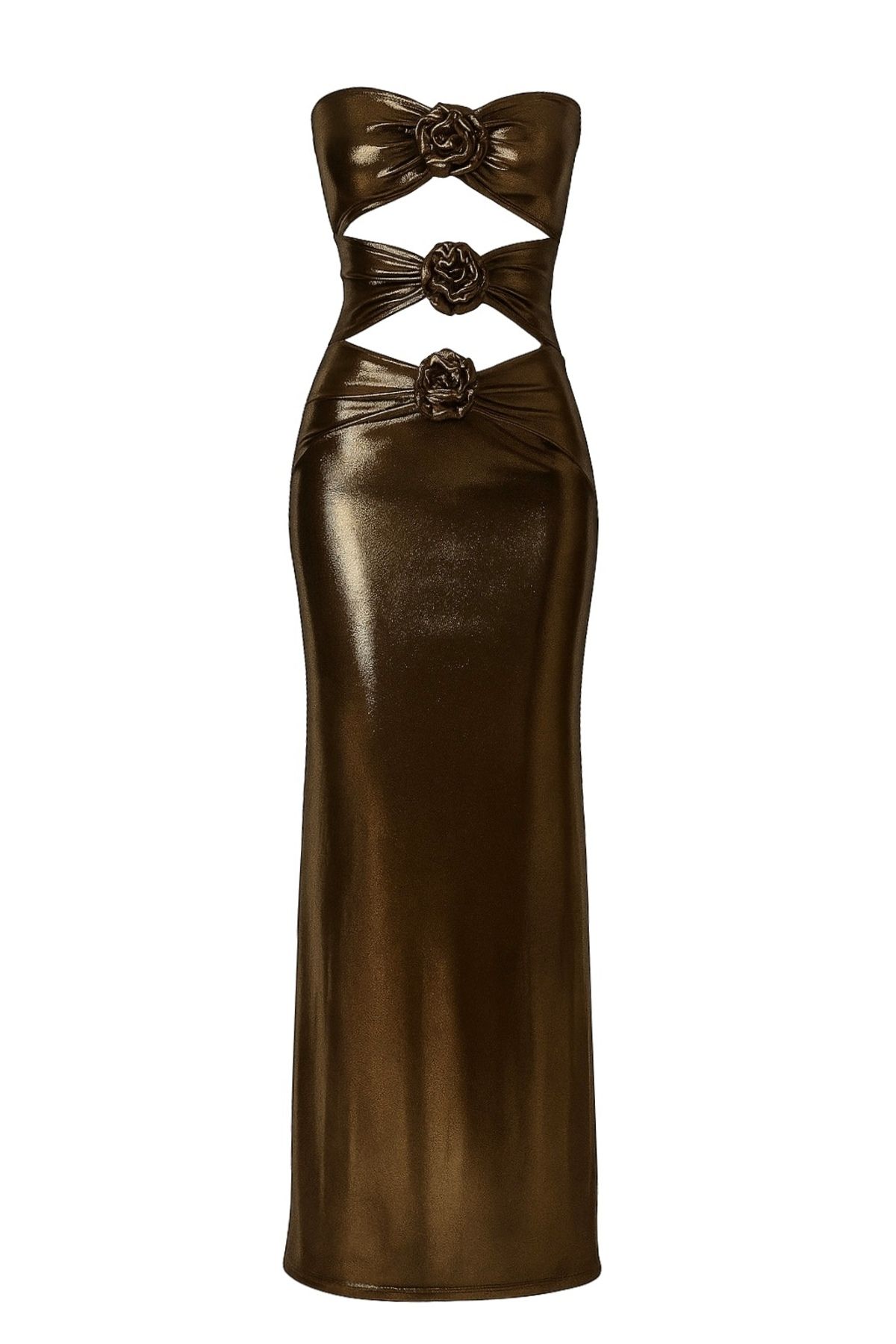 rashera NAIRA Gül Detaylı Straplez Uzun Abiye Elbise (Bronz)