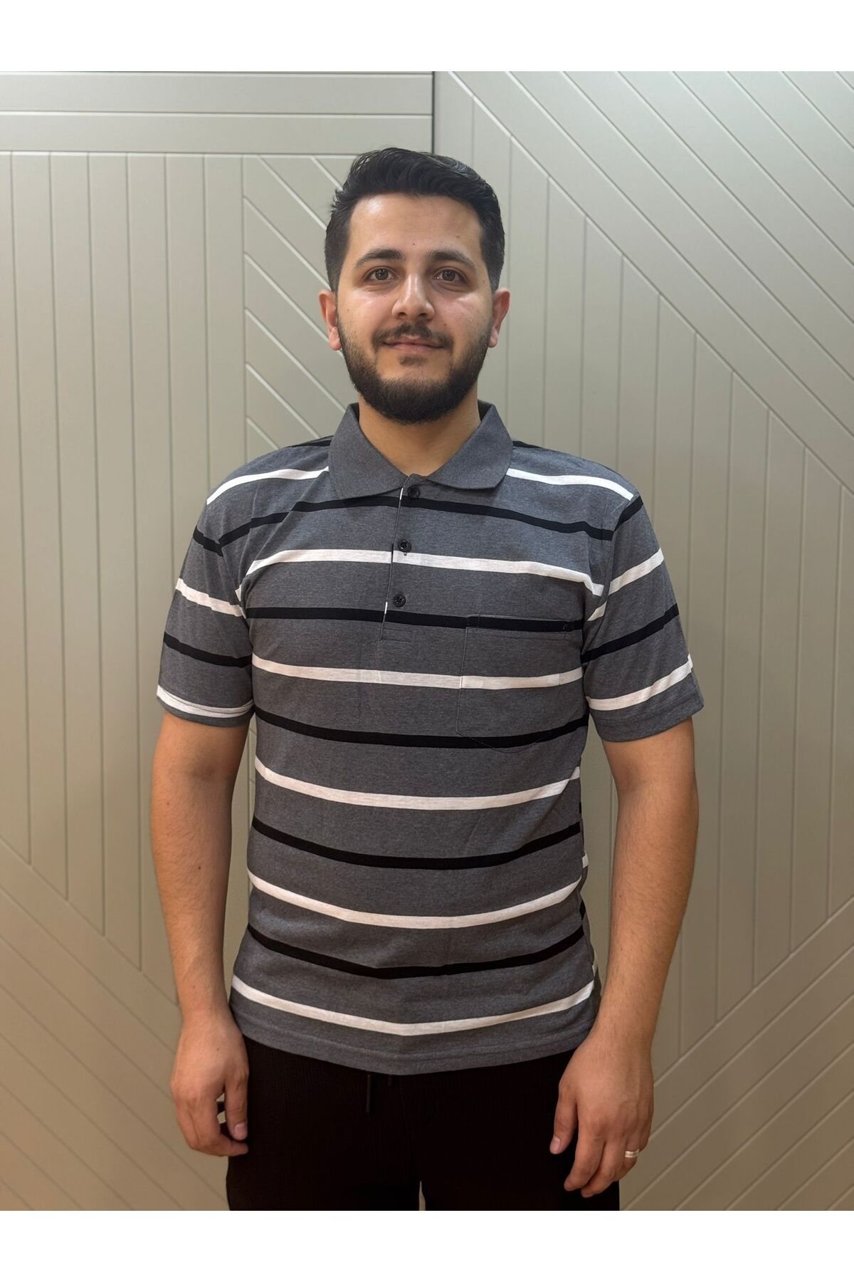 giyimcikrt POLLBRAND BOYALI ÇİZGİLİ BABA YAKALI CEPLİ TSHİRT