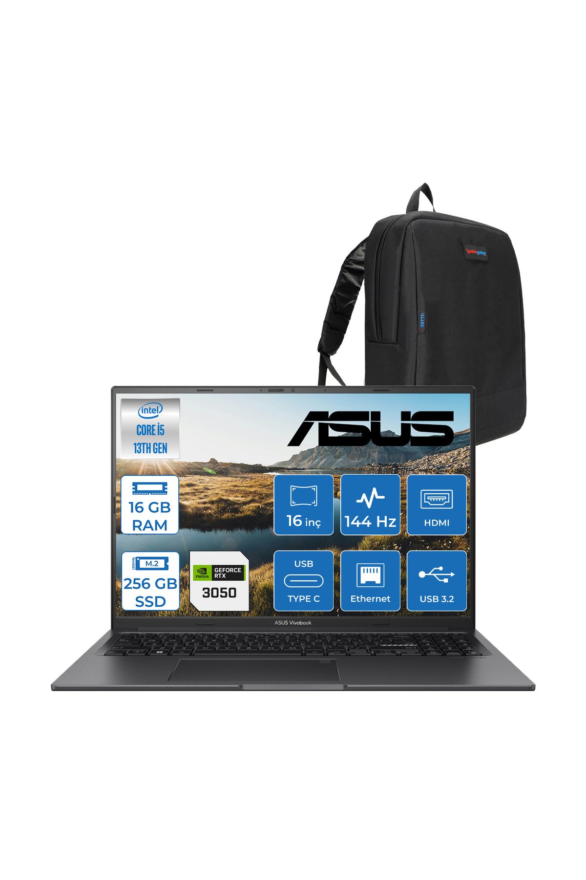 ASUS Vivobook 16X K3605VC I5 13420H 16GB 256GB SSD RTX3050-4GB FDOS 16" 144Hz Wuxga RP461F06+ZETTACNT
