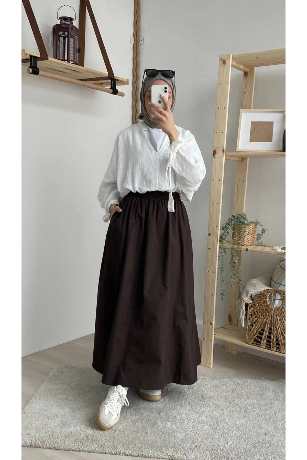 Trenddolabı Lastikli Cepli Poplin Etek