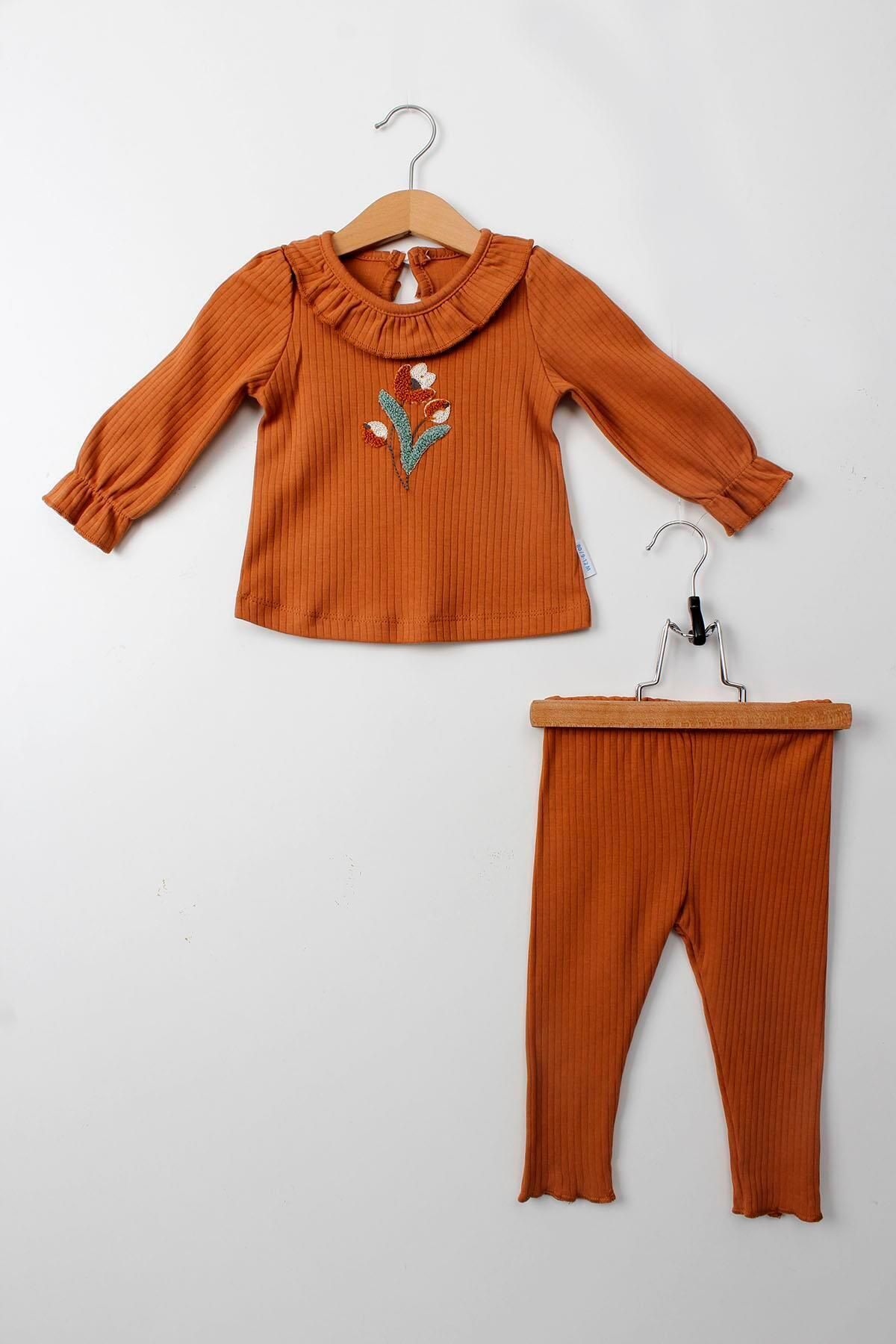 Çocuksan Baby&Kids Wear Kız Bebek Takımı Kiremit Renk 2'li Pamuklu Fırfırlı Yaka Çiçek Nakışlı Uzun Kollu Alt Üst Set