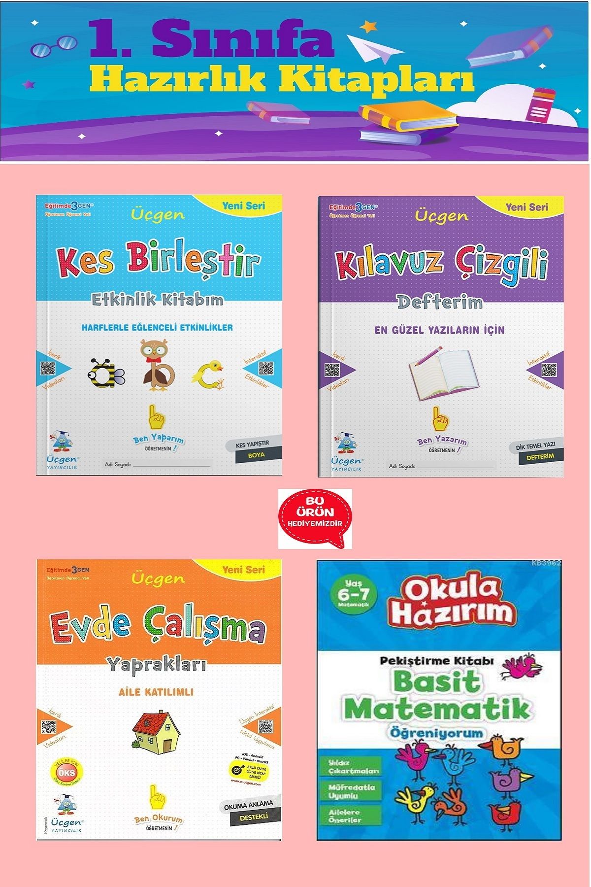 Üçgen Yayıncılık 1.Sınıf Hazırlık Seti (Kes Birleştir Evde Çalışma Yaprakları+Kılavuz Çizgili Defter+Basit Matematik)