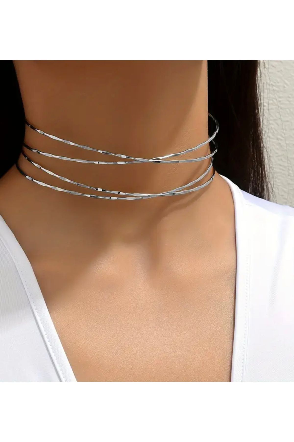 NISHPOINT GÜMÜŞ RENGİ ZARİF CHOCKER KOLYE
