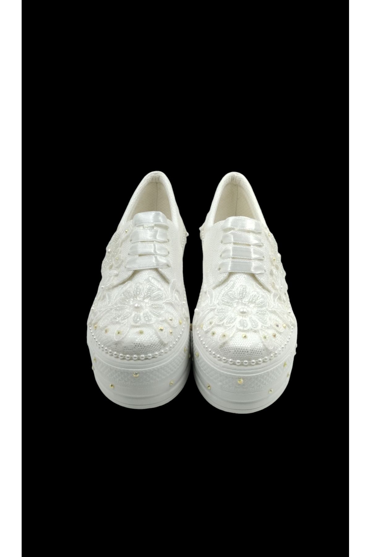 Escarpinshoes KADIN SATEN BONCUK İŞLEMELİ KALIN TABAN GELİNLİK AYAKKABI