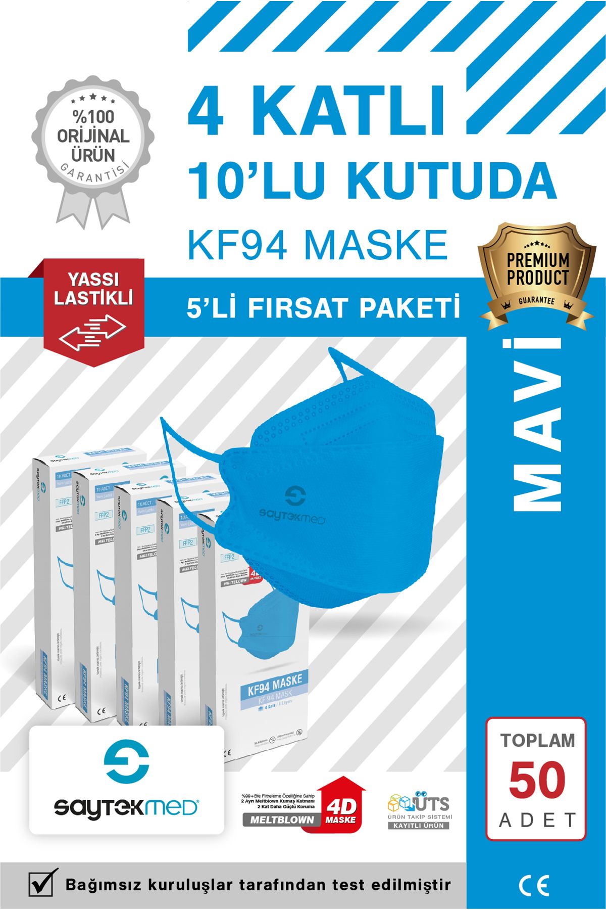 SAYTEKMED KF94 Kore Tipi, 4 katlı, MAVİ Maske, Tekli Paket, UV Steril (5 Kutu/ 50 Adet)