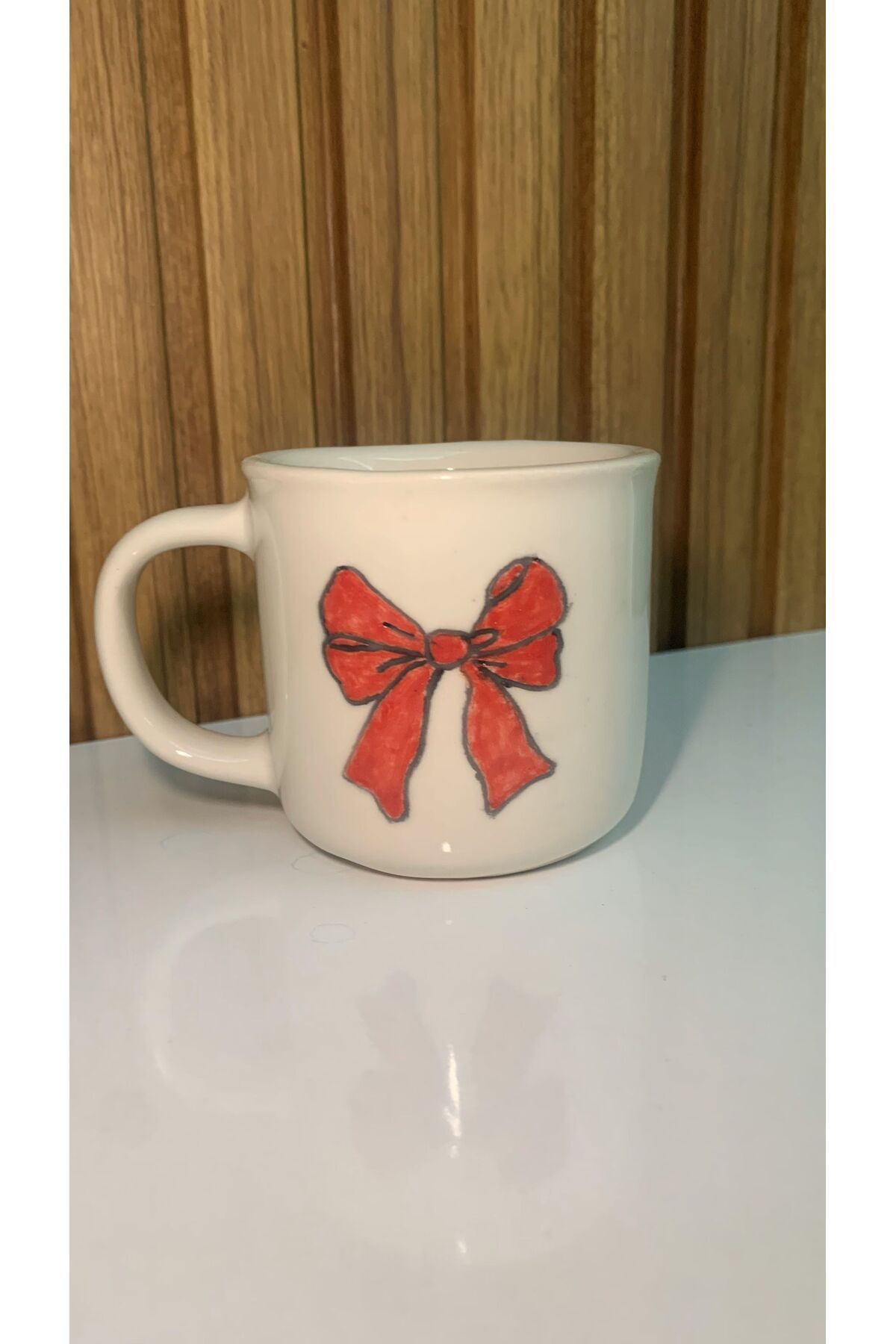 Bombus Seramik Kurdele Desenli El Boyaması %100 El Yapımı Seramik Mug- Seramik Kupa-Handmade
