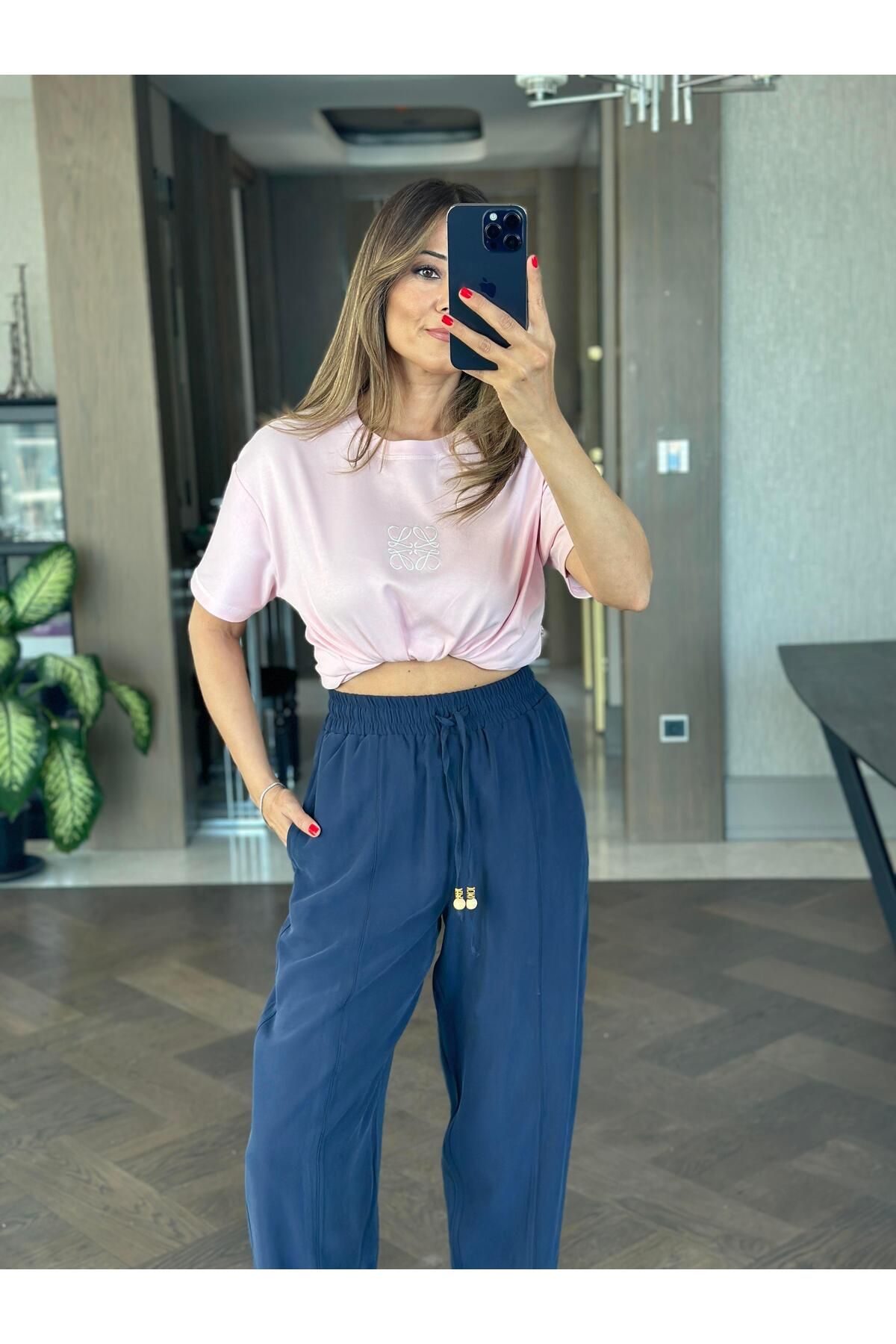 Forlady4 Lacivert Karol Bağcığı Boncuklu Dikiş Detay Kadın Pantolon