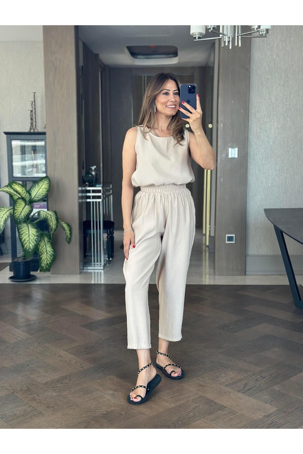 Forlady Butik Bej Tnsl Sıfır Kol Bluz Pantolon Alt Üst Takım