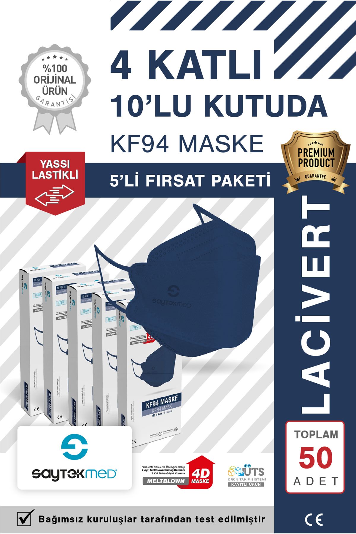 SAYTEKMED KF94 Kore Tipi, 4 katlı, LACİVERT Maske, Tekli Paket, UV Steril (5 Kutu/ 50 Adet)